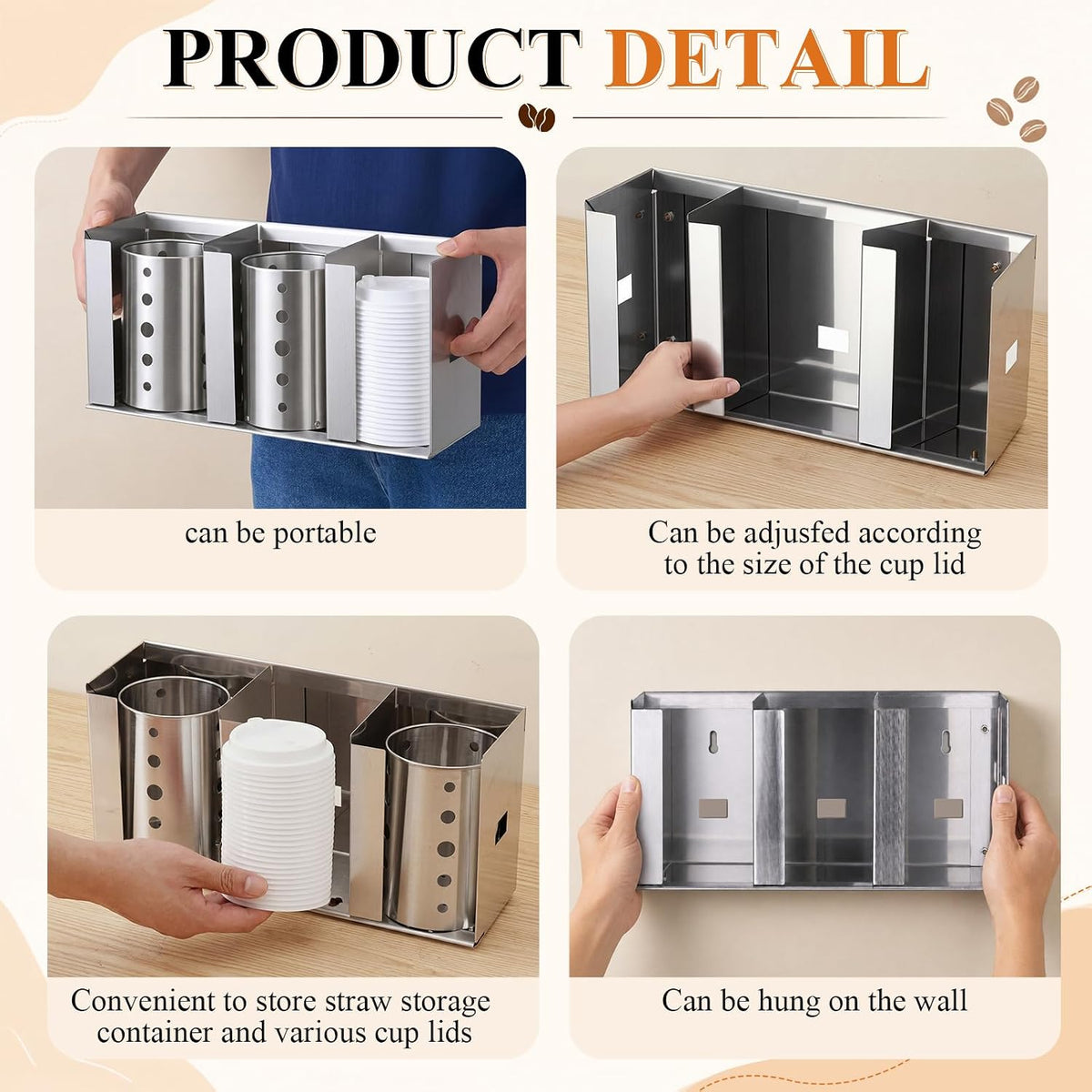 3 Compartments Stainless Steel Cup Dispenser with 2 Straw Holder