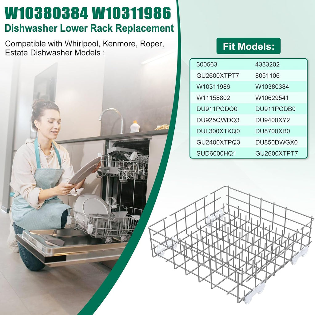 Upgraded W10380384 W10311986 Dishwasher Lower Rack Replacement Compatible with Whirlpool Dishwasher Bottom Rack 300563, DU911PCDQO with WP3376961 Wheels