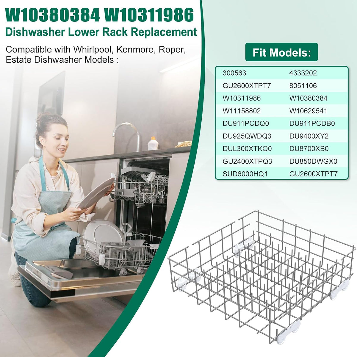 Upgraded W10380384 W10311986 Dishwasher Lower Rack Replacement Compatible with Whirlpool Dishwasher Bottom Rack 300563, DU911PCDQO with WP3376961 Wheels