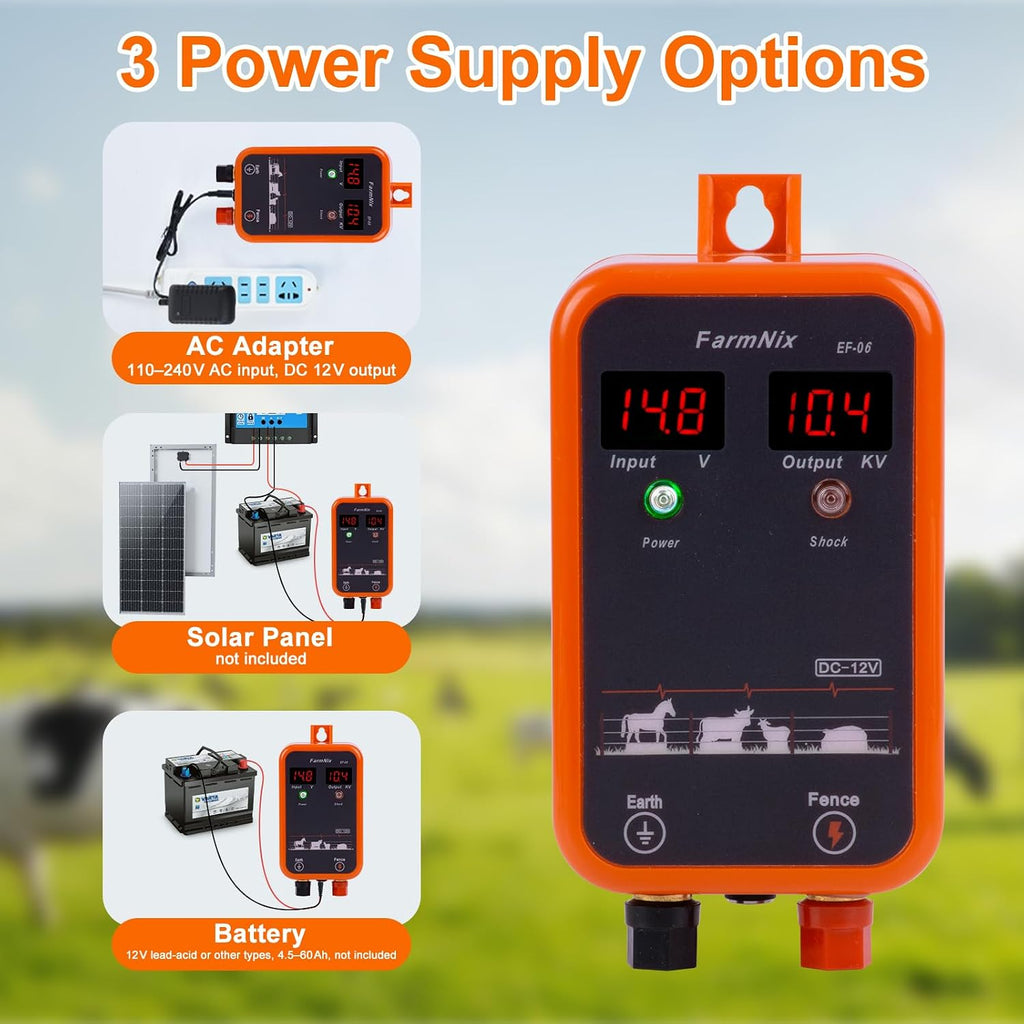 FarmNix 10KV Electric Fence Charger with LED Indicator, 5 Miles Electric Fence 1 Joules Pulse Energy,Waterproof