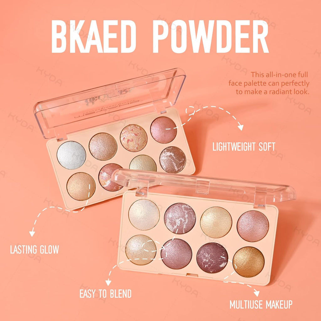 8 Colors Baked Powder Palette, Mulitiuse Baked Powder for Eyeshadow Highlighter Contour, Lightweight Blendable