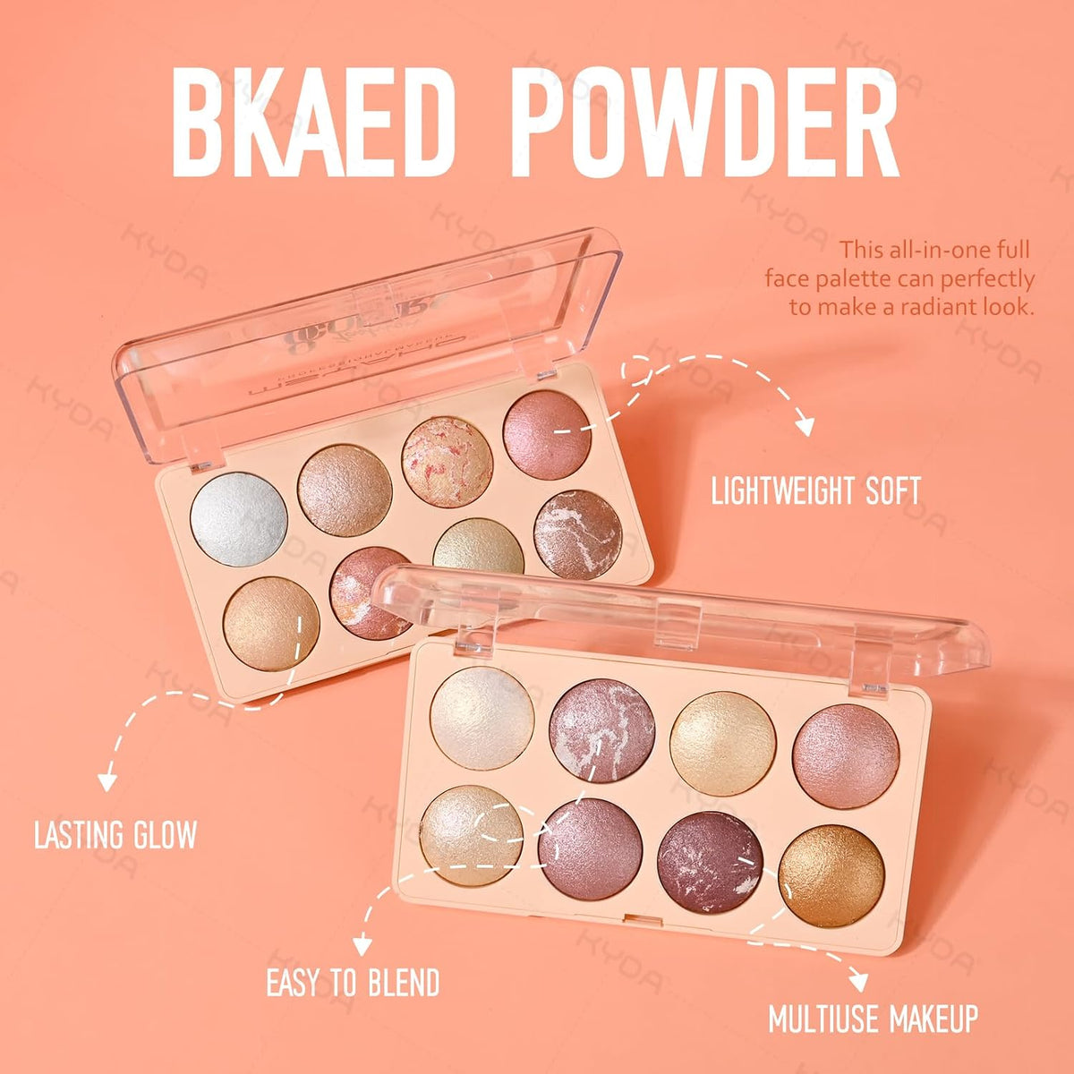 8 Colors Baked Powder Palette, Mulitiuse Baked Powder for Eyeshadow Highlighter Contour, Lightweight Blendable