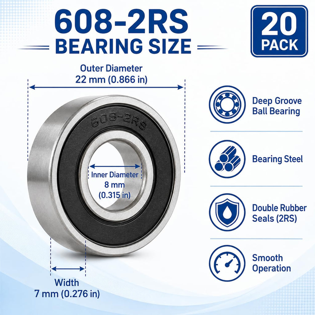 LILY 20 Pack 608-2RS Ball Bearings 8x22x7mm
