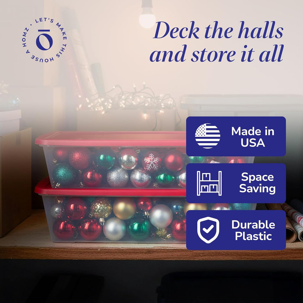 2-Pack Holiday Tote, Clear Plastic Storage Organizer Bins with Lids, 41 Quart, Red - Stackable Organizing Containers
