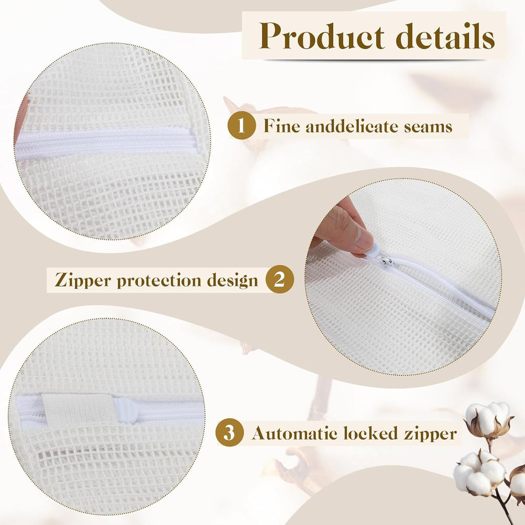 5-Piece Organic Cotton Laundry Bags with Zipper and Hanging Loop, 3 Sizes (S, M, L) Mesh Laundry Bag, Durable Cotton