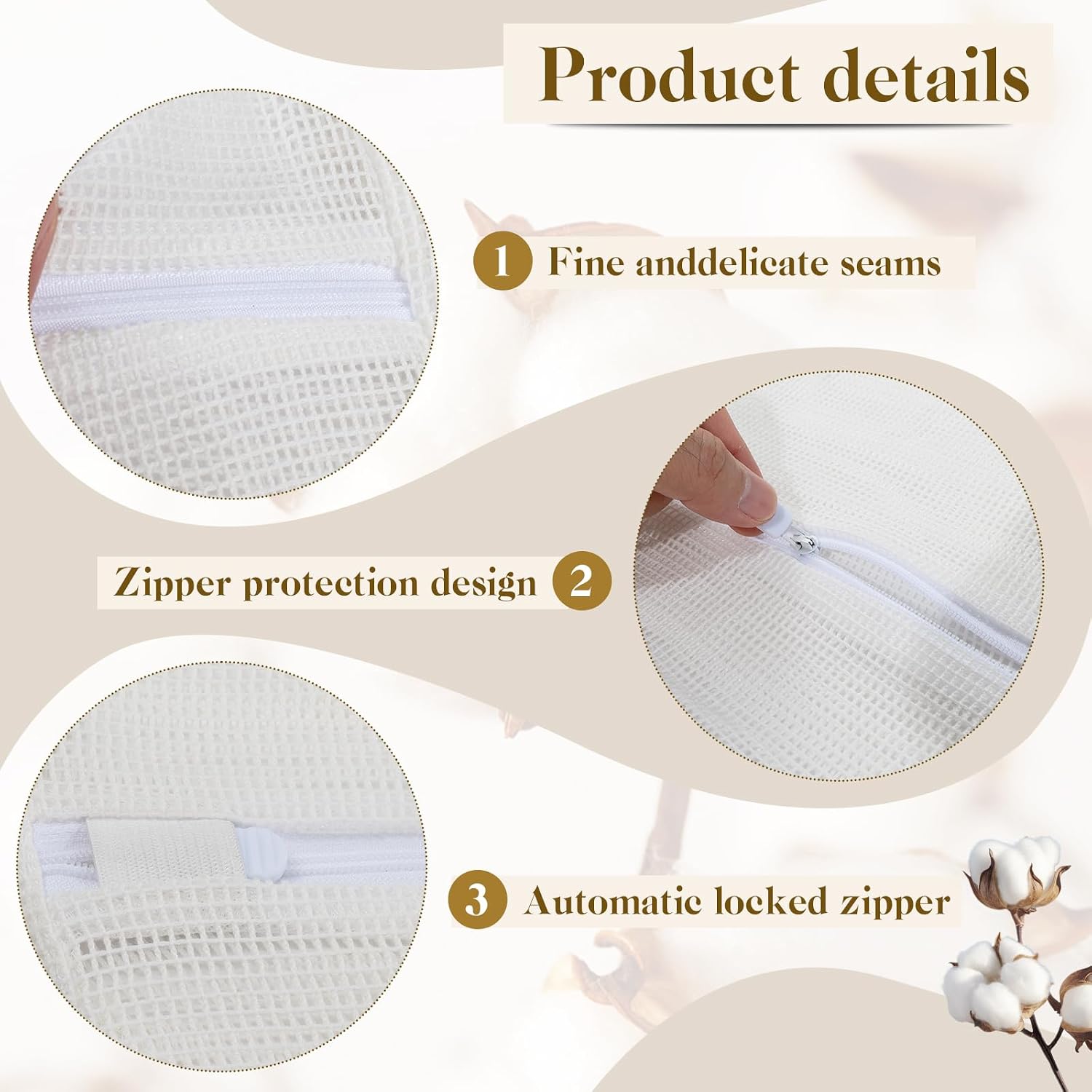 5-Piece Organic Cotton Laundry Bags with Zipper and Hanging Loop, 3 Sizes (S, M, L) Mesh Laundry Bag, Durable Cotton