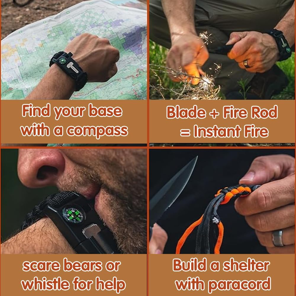 Bracelet, Emergency Hiking Survival Kit Fire Starter Compass Whistle, 9.5ft Continuous Strand Flint Steel Scraper 5 in 1