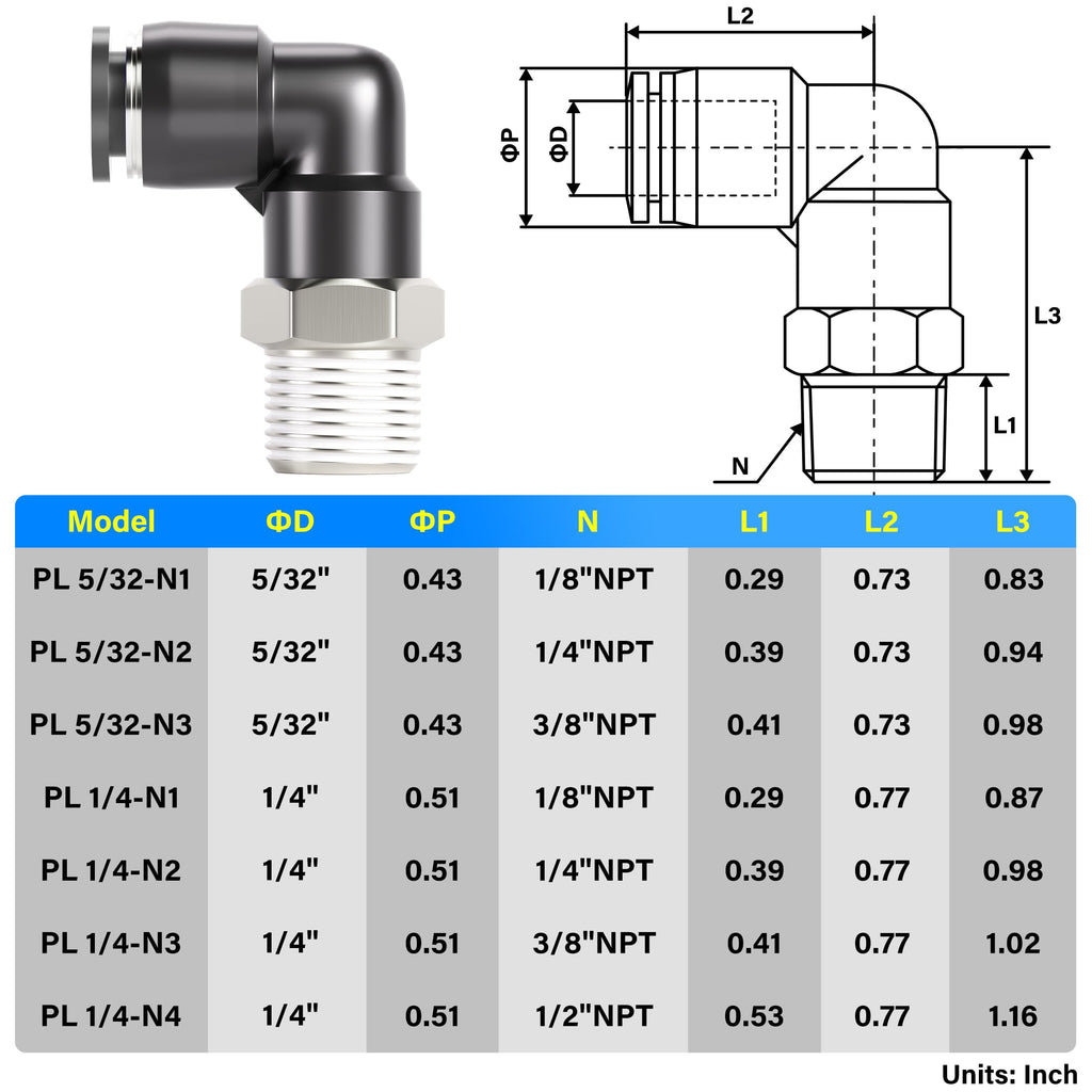 TAILONZ 1/4" x 1/16" NPT Push to Connect Elbow Fitting 2Pcs