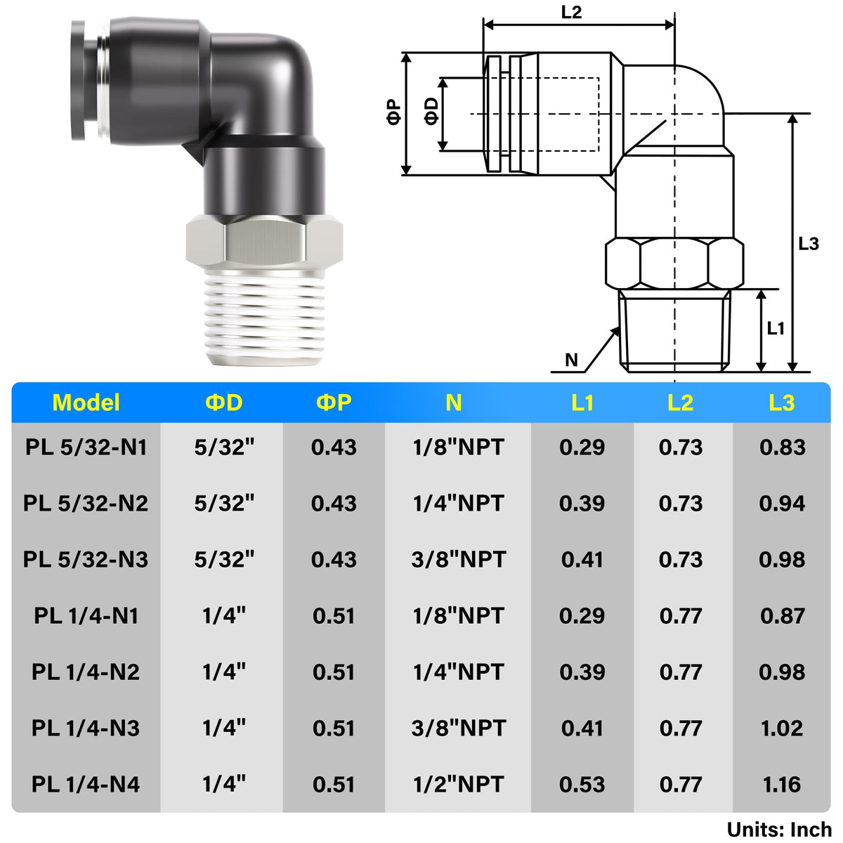 TAILONZ 1/4" x 1/16" NPT Push to Connect Elbow Fitting 2Pcs