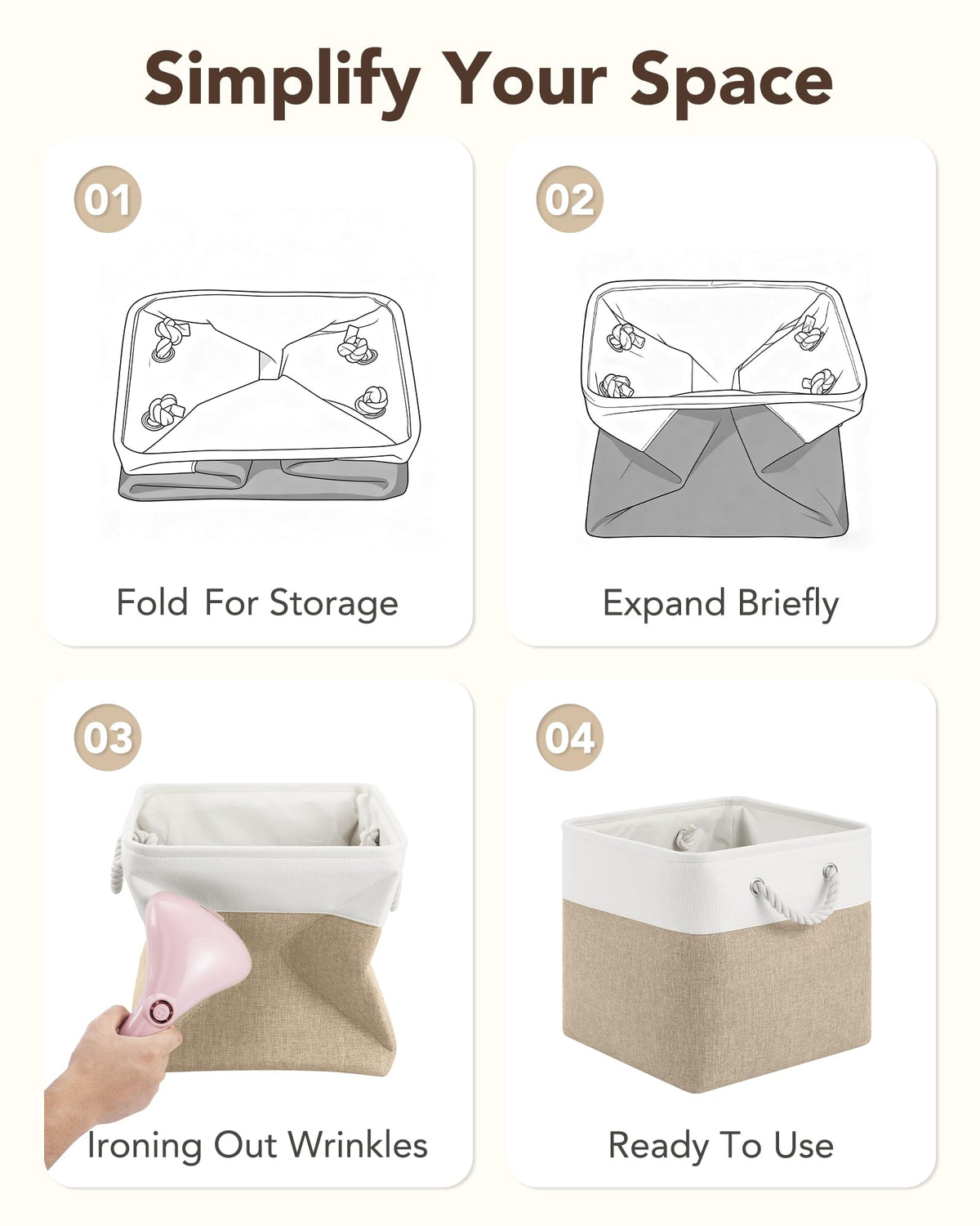 12x12 Inch Fabric Cube Storage Bins with Cotton Rope Handle 6-Pack