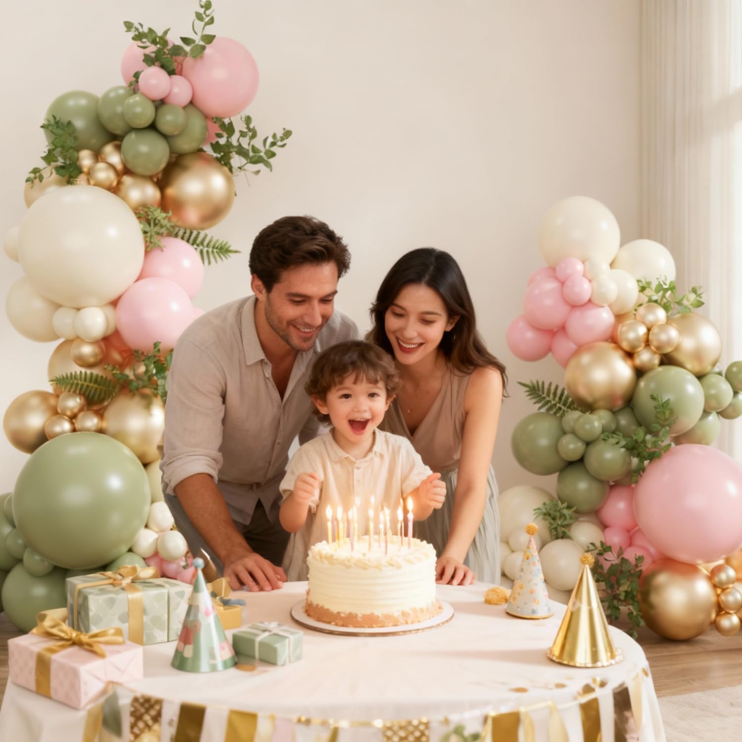 Sage Green Pink Gold Balloon Arch Kit, 128Pcs Sage Green Pastel Pink Light Pink Gold Sand White Balloons for Boho