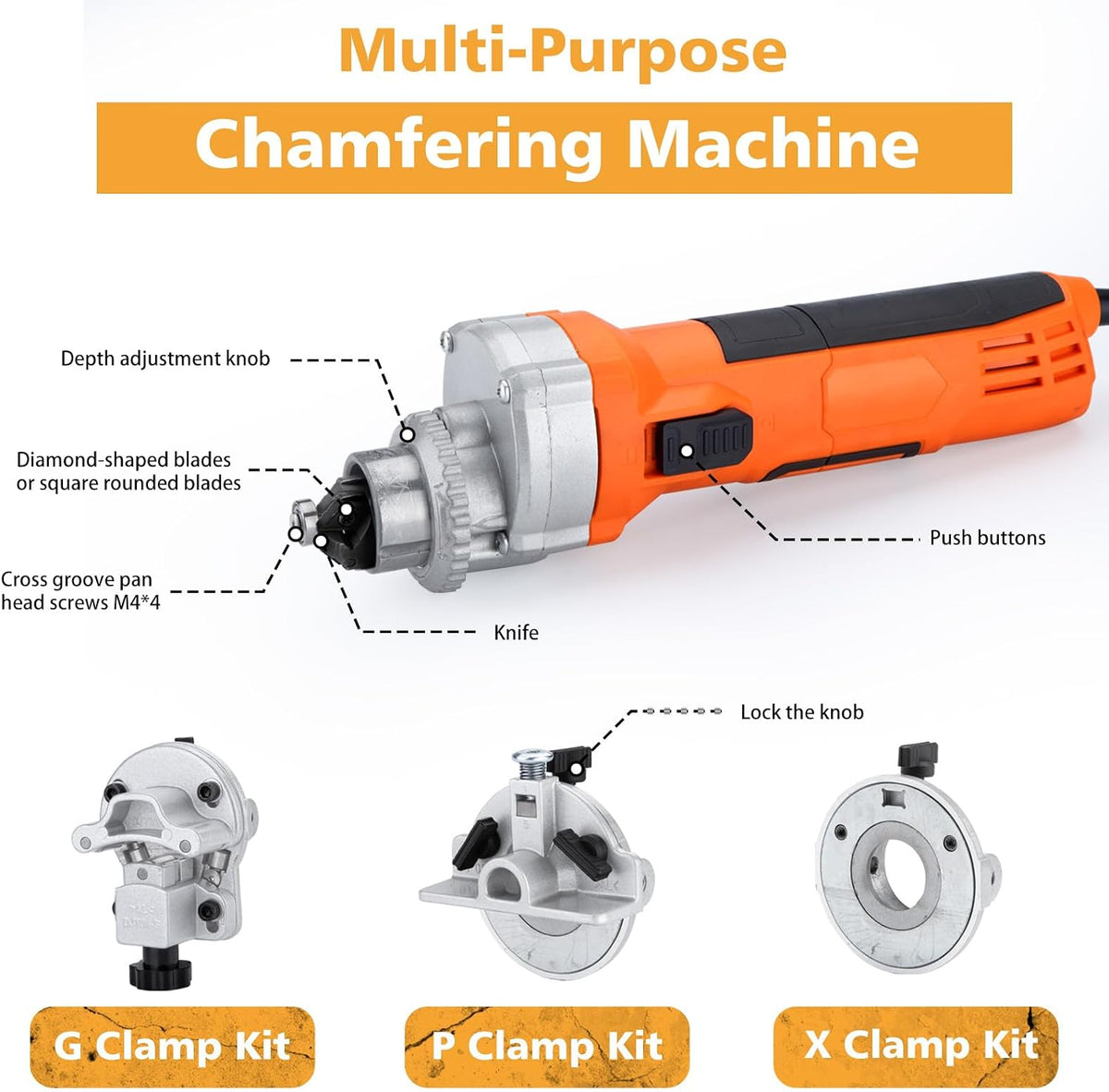 Handheld Chamfer Tool, Metal Chamfering Tool, for Trimming, Beveling, Deburring, 45 Degree Arc and Bevel, 850W 120V 60Hz, Model PT-100 (Machine)
