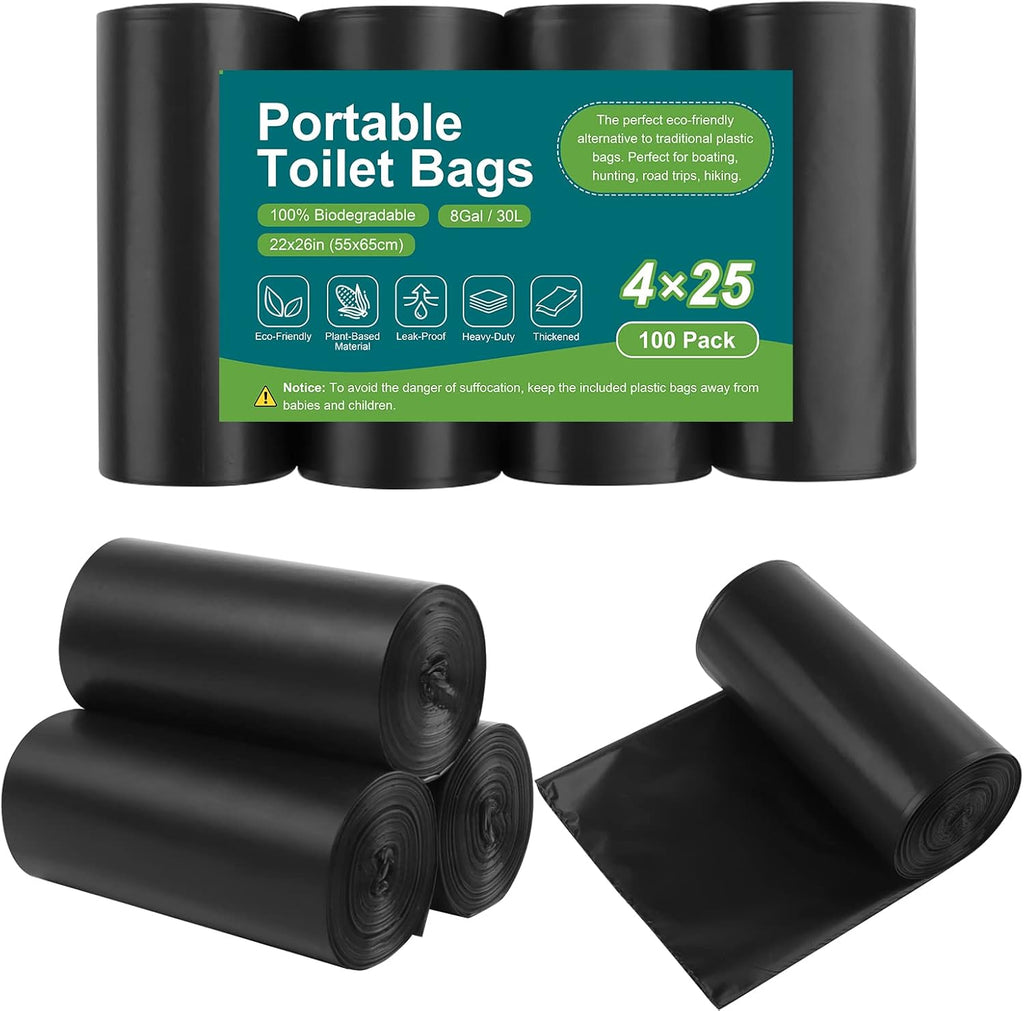 100 Portable Toilet Bags, Drawstring Biodegradable Camping Potty Bags 8 Gallon Waste Bags for 5-8 Gallon Bucket