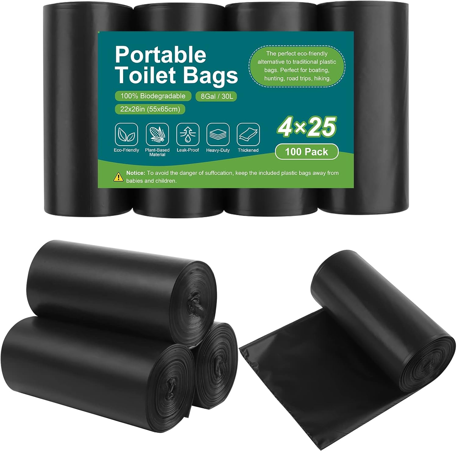 100 Portable Toilet Bags, Drawstring Biodegradable Camping Potty Bags 8 Gallon Waste Bags for 5-8 Gallon Bucket
