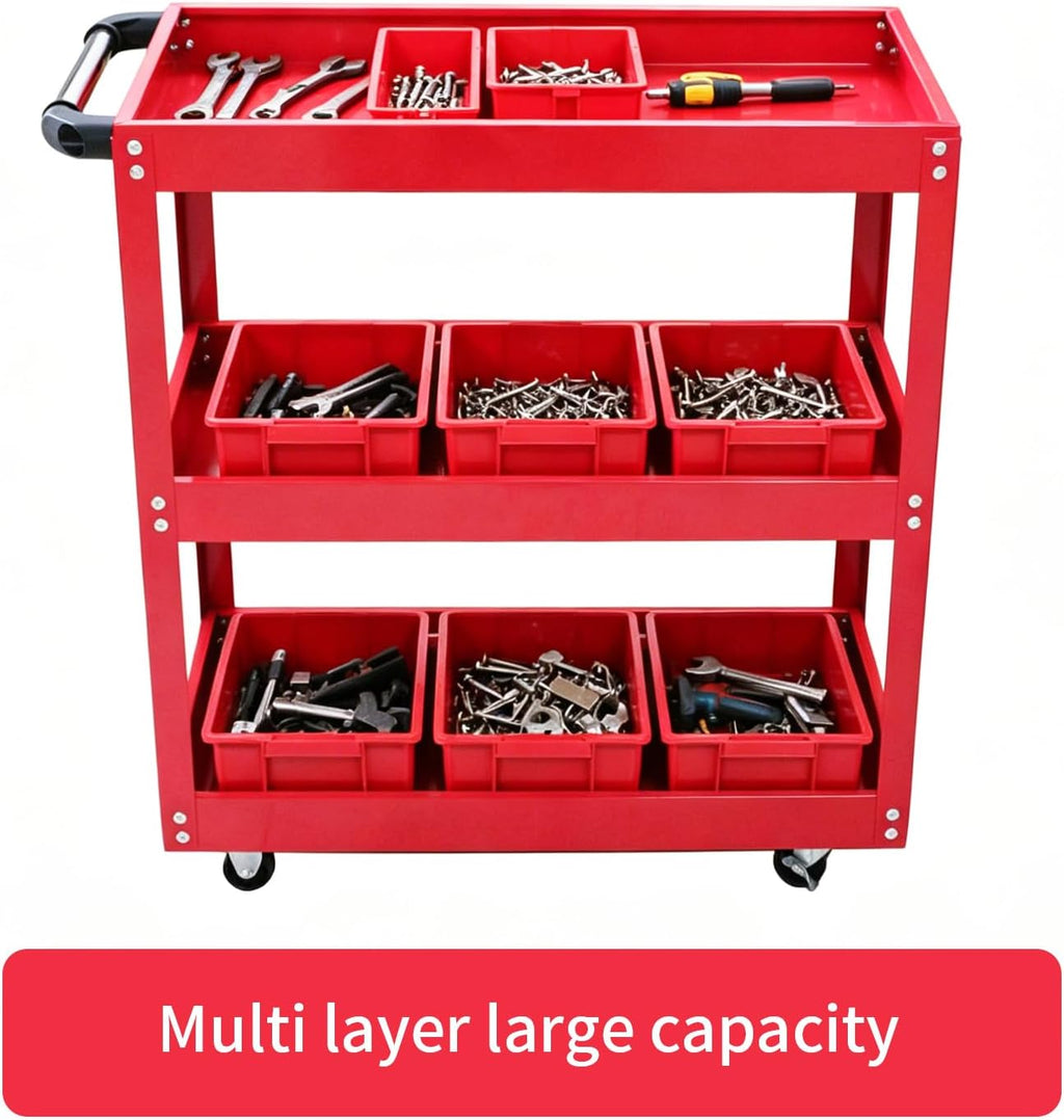 3 Tier Metal Rolling Tool Cart Heavy Duty Utility Cart with Handle Wheels | Metal Storage Service Cart Garage Tool