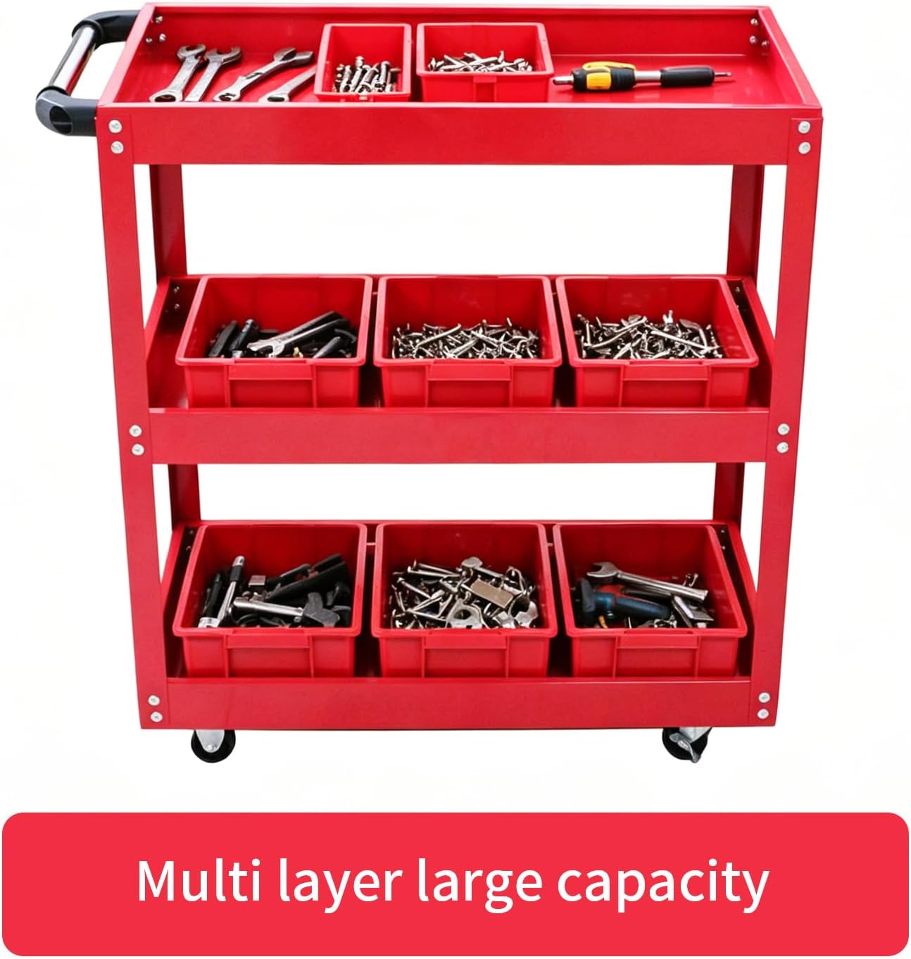 3 Tier Metal Rolling Tool Cart Heavy Duty Utility Cart with Handle Wheels | Metal Storage Service Cart Garage Tool