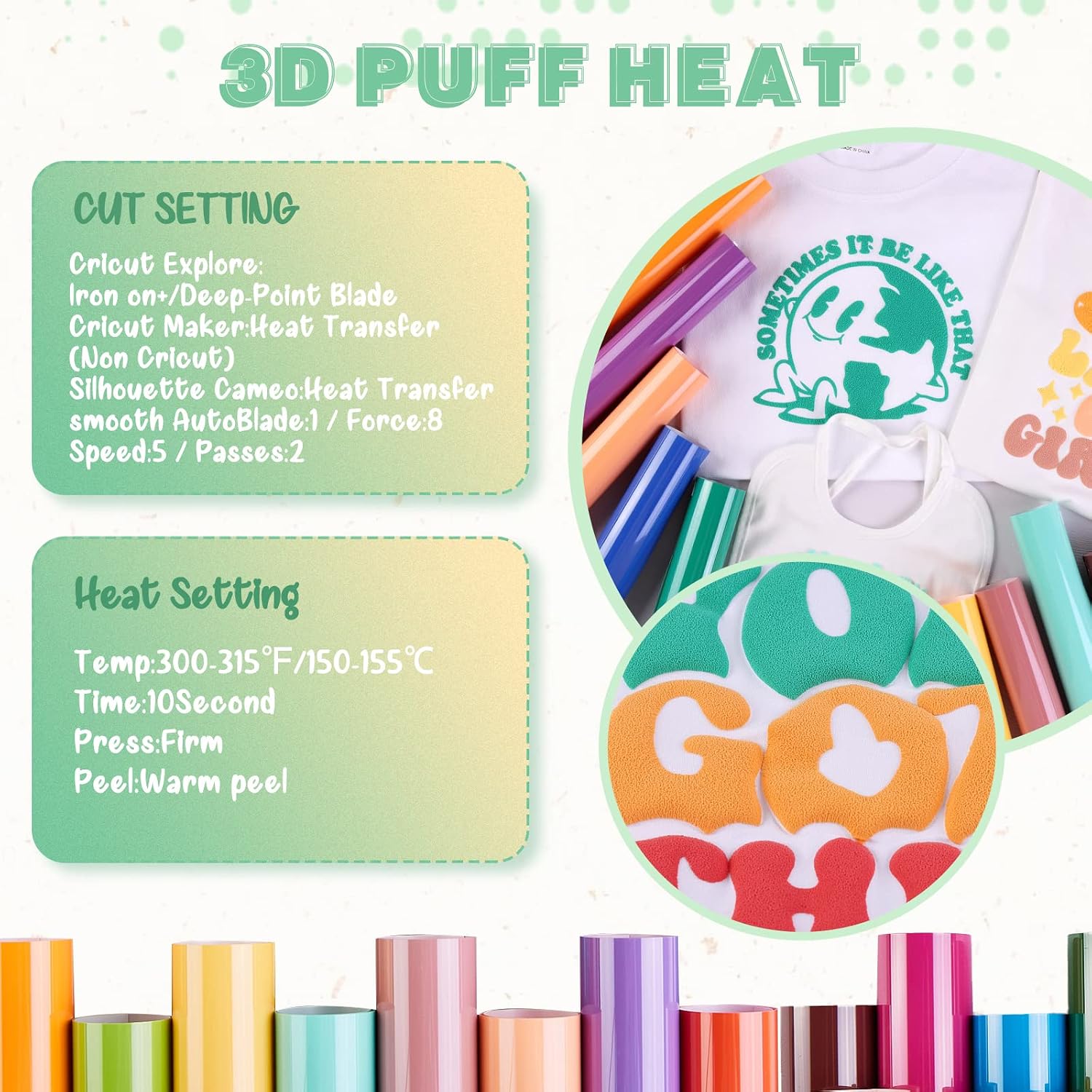 Multicolored Puff Heat Transfer Vinyl,18 Pcs 12x10in Iron on Vinyl | 3D Foaming HTV sheets,easy cut & weed,stretch