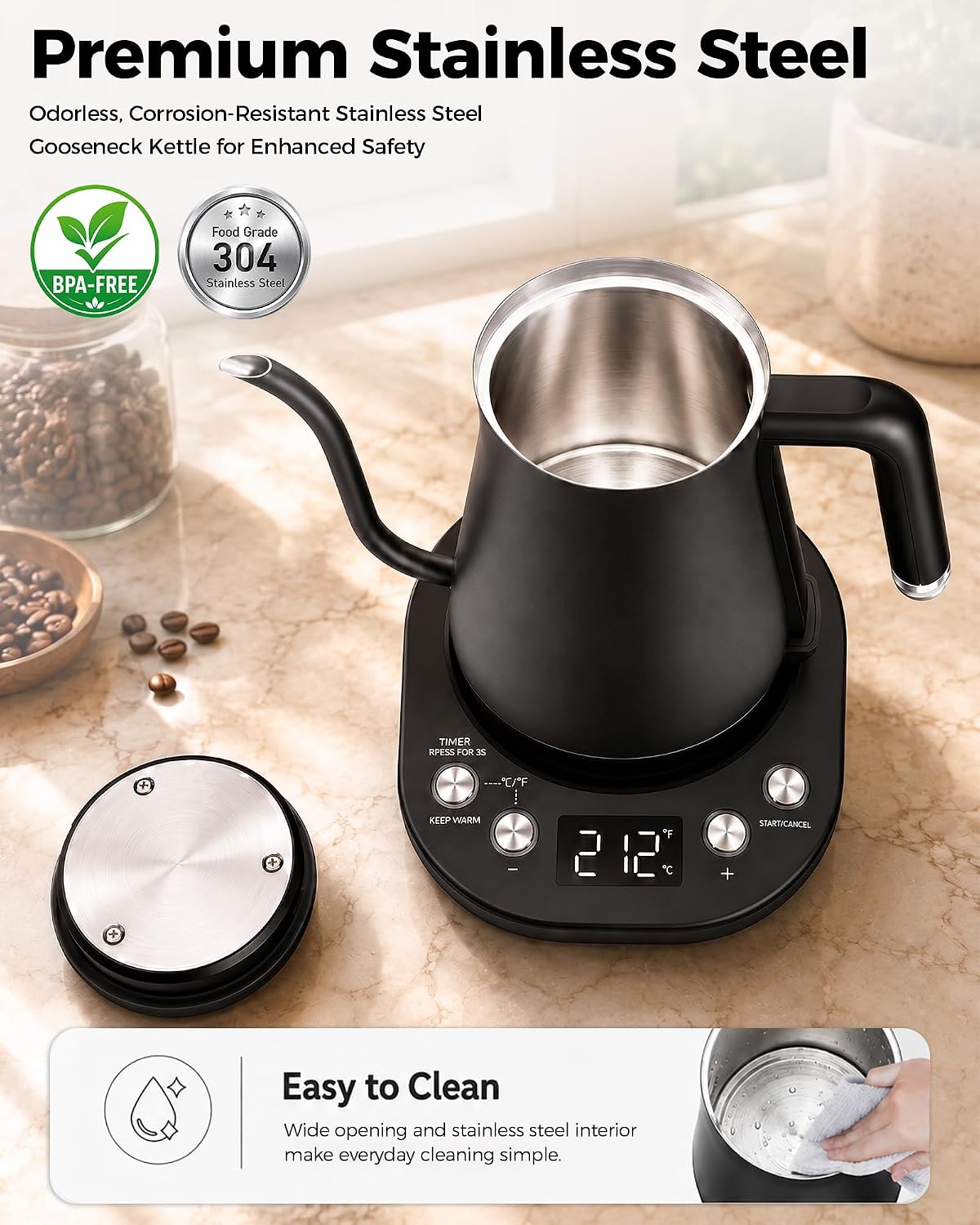 Gooseneck Electric Kettle with ±1℉ Temperature Control, 304 Stainless Steel Interior, BPA Free, 1200 Watt Rapid, Brew