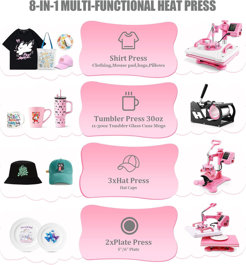 Heat Press 12x15, 5 in 1 Heat Press Machine 360° Swing Away, Pink Sublimation Heat Press Digital Heat Transfer with