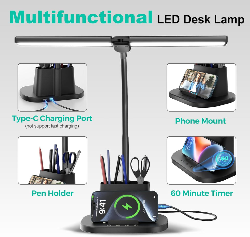 Desk Lamp with USB-C Charging Port and Organizer Base, LED Desk Light with Pen Holder, Phone Stand, 25 Lighting