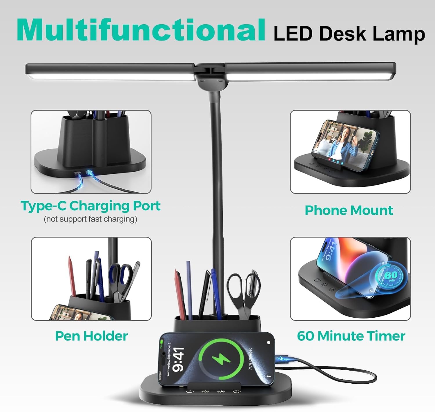 Desk Lamp with USB-C Charging Port and Organizer Base, LED Desk Light with Pen Holder, Phone Stand, 25 Lighting