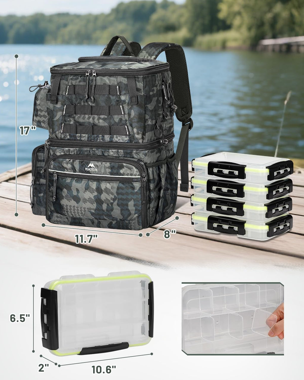 Fishing Backpack with 4 Tackle Boxes, Fishing Bag with Rod Holder | 3600 Tackle Box 4 Pack, Water Resistant Tackle