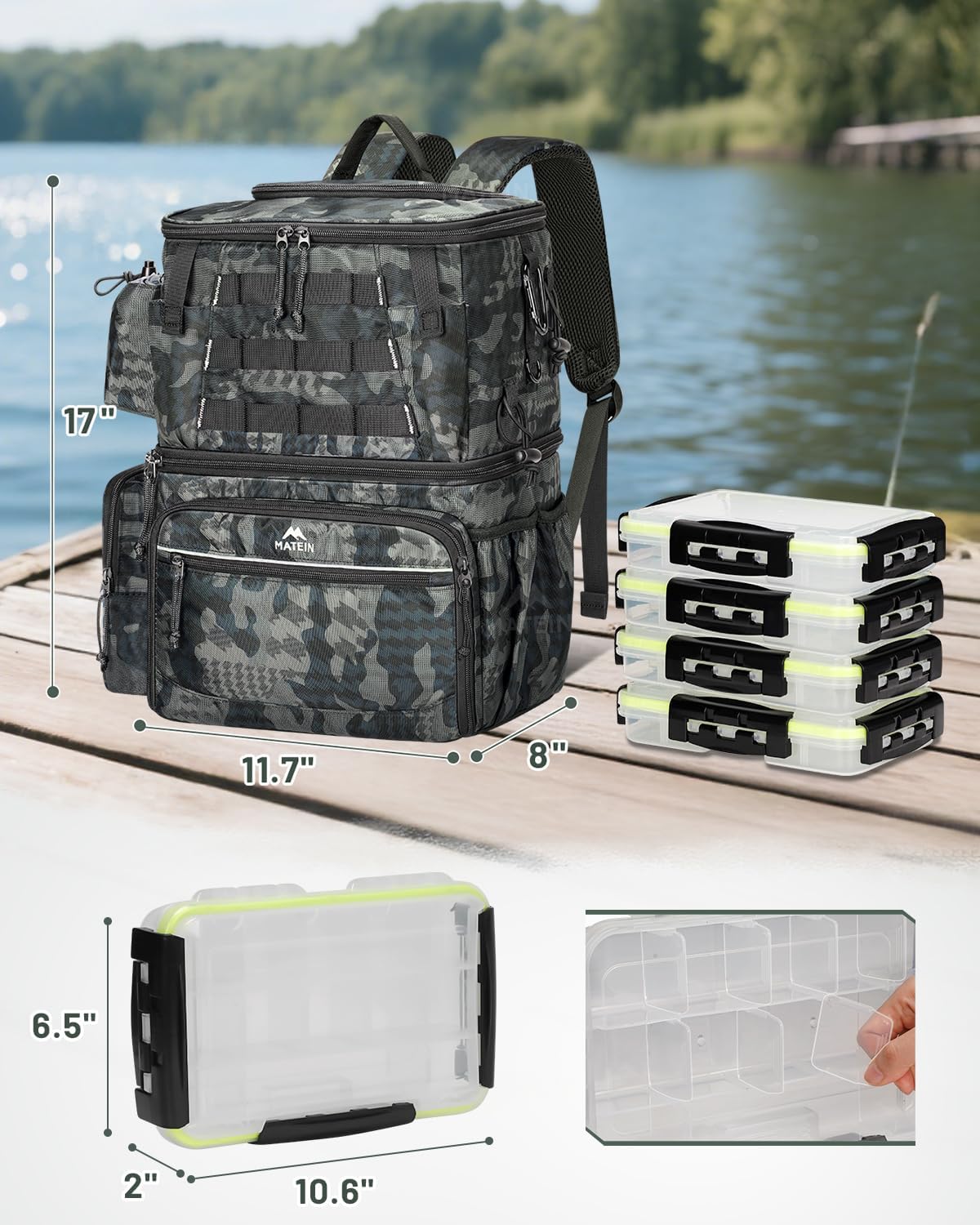 Fishing Backpack with 4 Tackle Boxes, Fishing Bag with Rod Holder | 3600 Tackle Box 4 Pack, Water Resistant Tackle