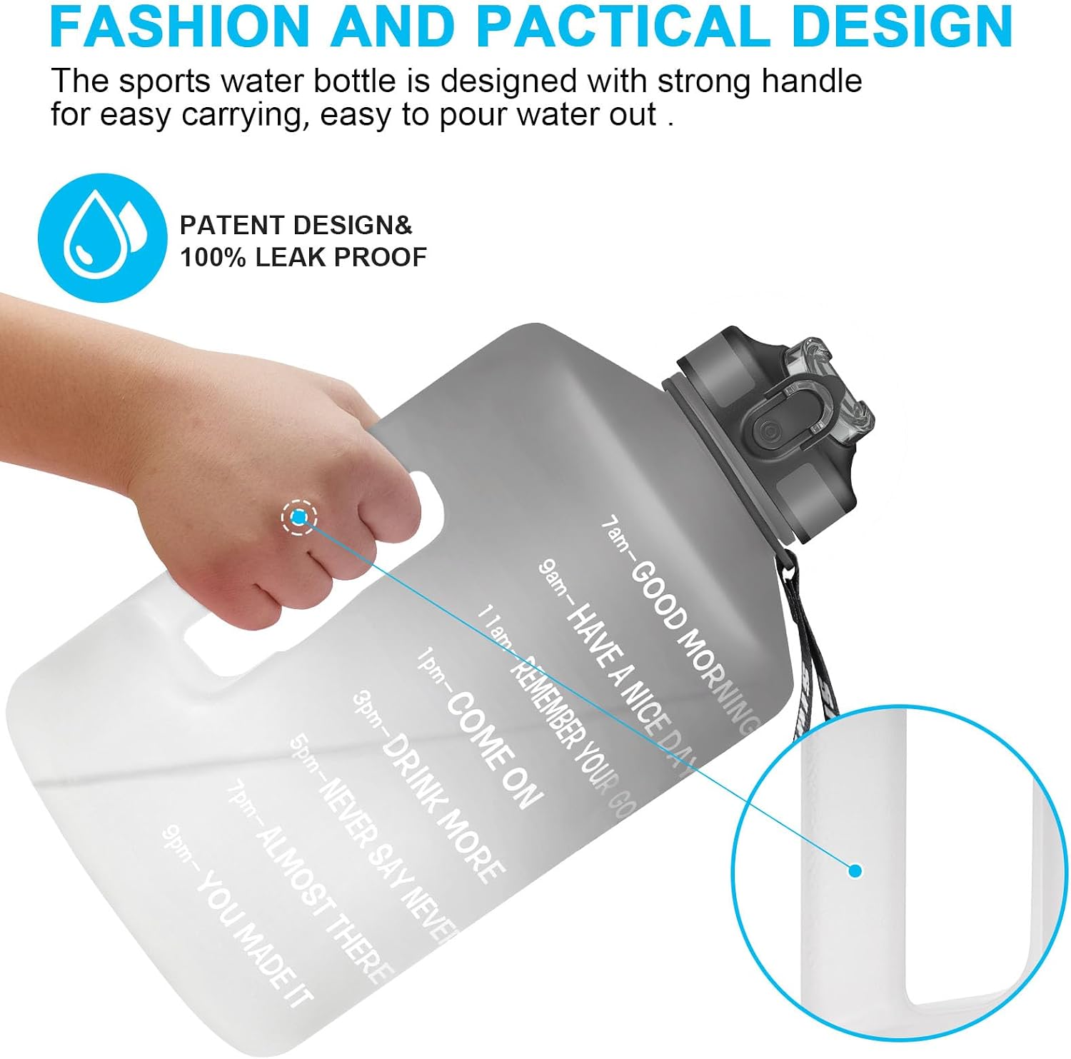 1 Gallon Motivational Sports Water Bottle with Time Marker, BPA Free 128oz Leak Proof Jug, Black, Plastic, 128