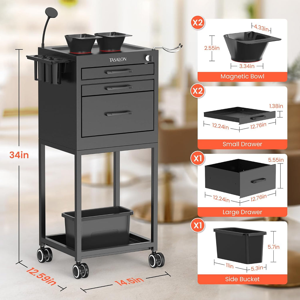 Salon Trolley Cart with Wheels, Lockable Metal Rolling Cart with Drawers, Magnetic Bowls & Phone Holder, Mobile