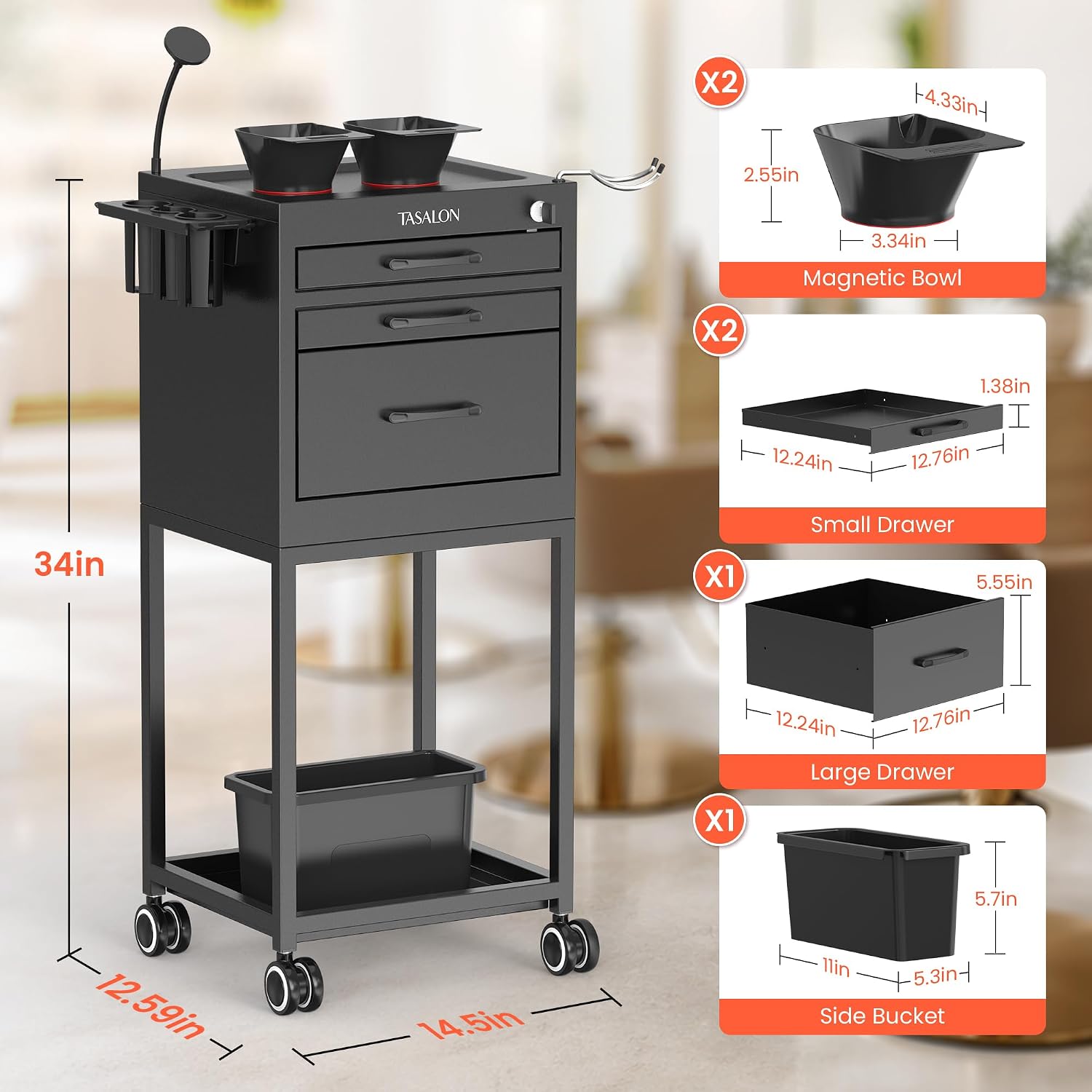 Salon Trolley Cart with Wheels, Lockable Metal Rolling Cart with Drawers, Magnetic Bowls & Phone Holder, Mobile