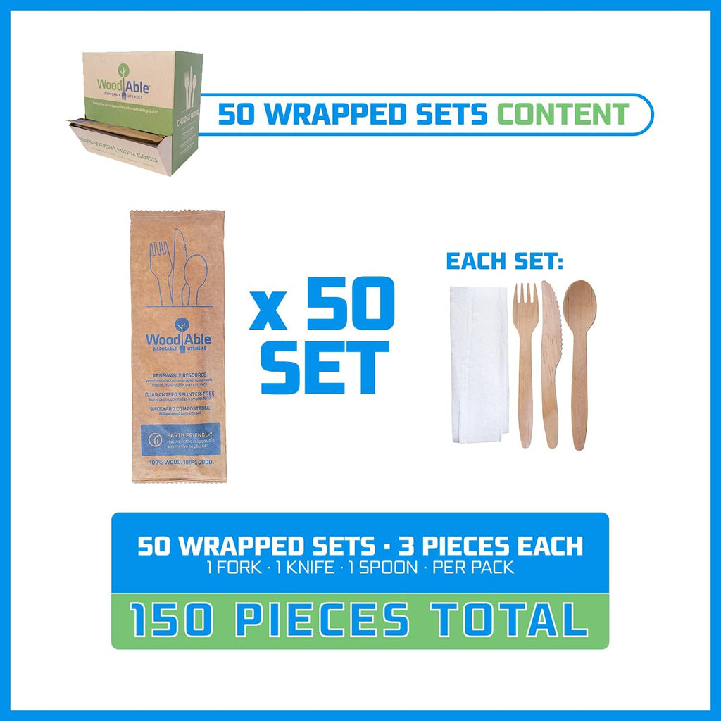 Disposable & Backyard Compostable Wrapped Wooden Cutlery Set, Eco-Friendly, Sustainable, Organic, Biodegradable