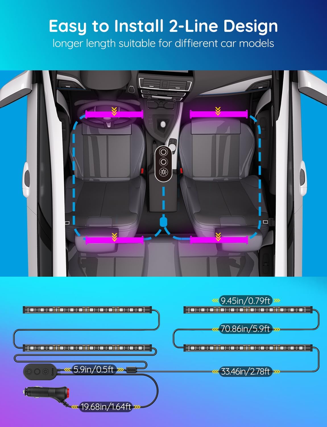 Car LED Lights, Smart Car Interior Lights with App Control, RGB Lights with DIY Mode and Music Mode, 2 Lines Design