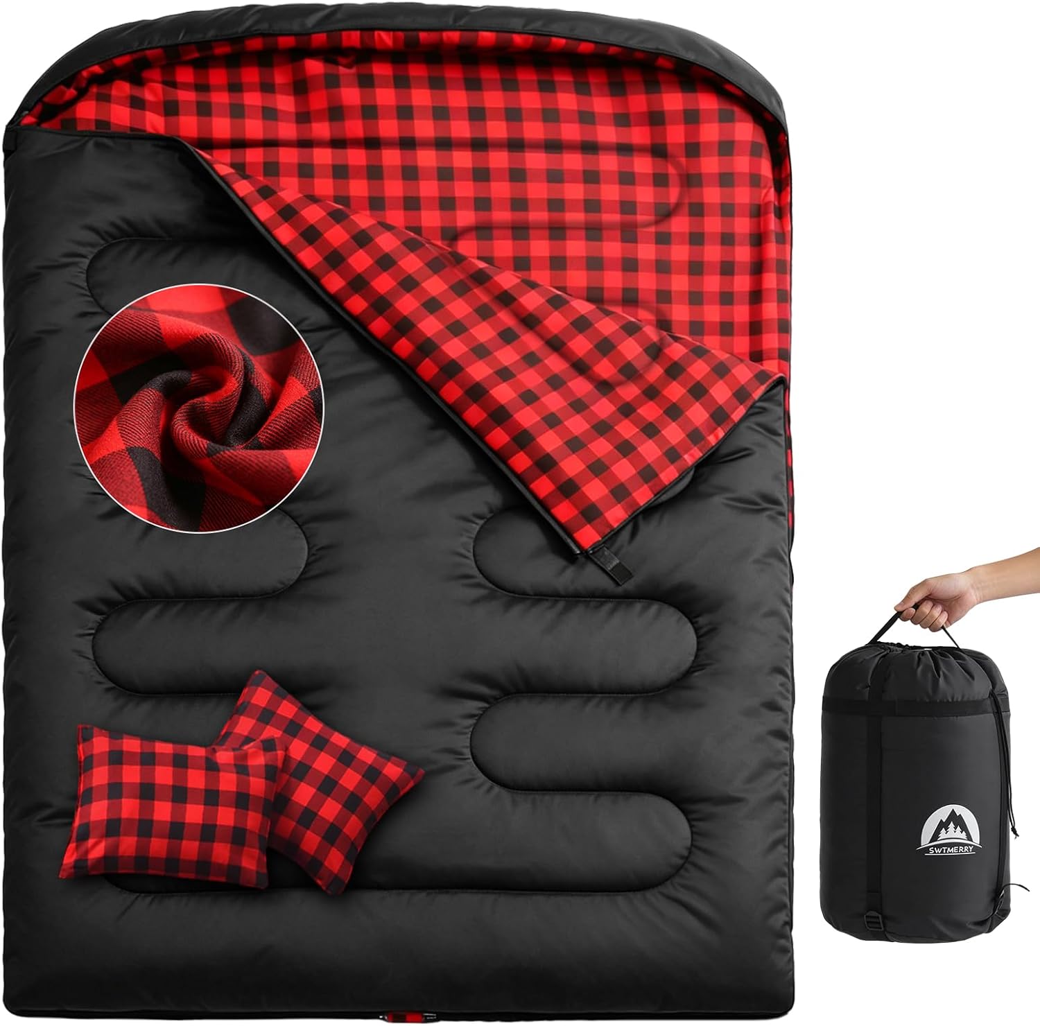 Double Sleeping Bag for Adults with 2 Pillows, Big&Tall XL Queen Size Sleeping Bag for 2 Person, Waterproof 2 Person