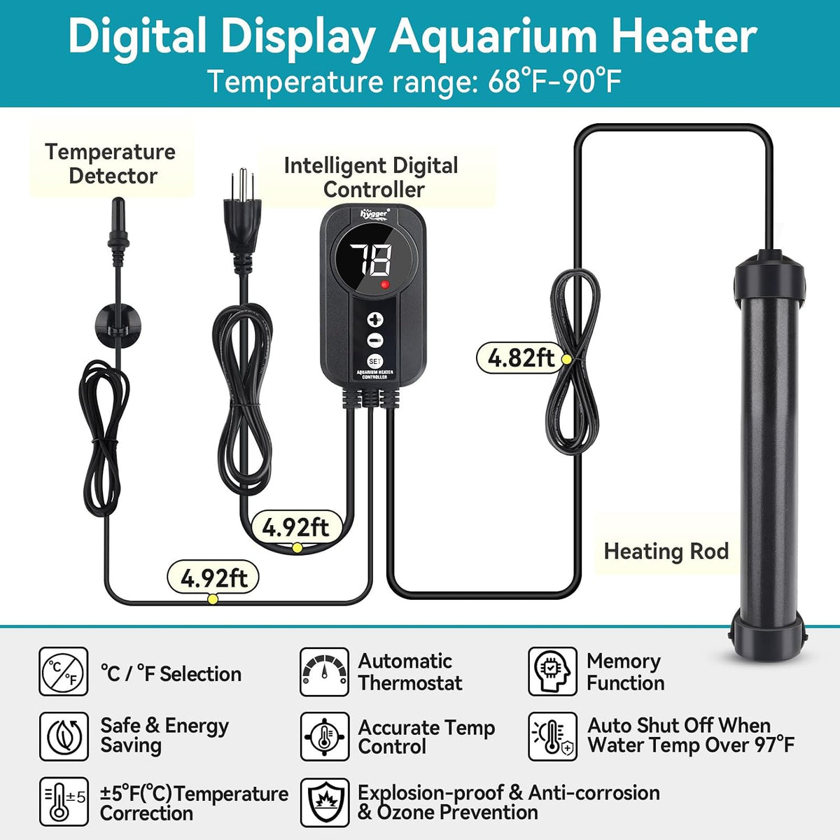Marine Aquarium Heater 100W,Titanium Heater with Digital LED Controller & Temperature Probe,Submersible Fish Tank
