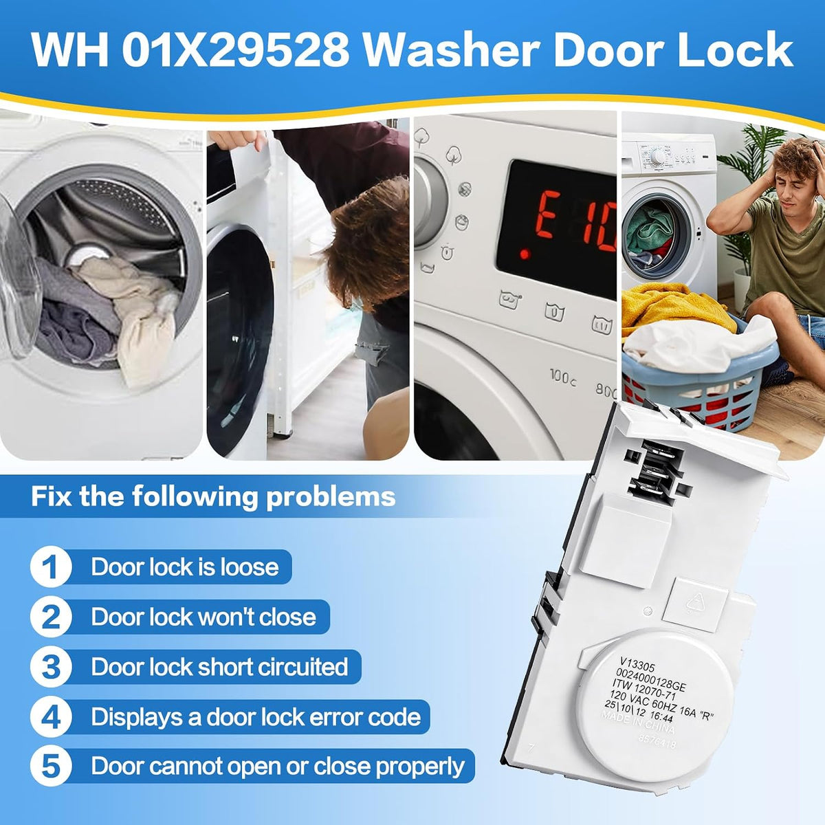 WH01X29528 Compatible GE Door Lock Front Load, Washer Lid Switch