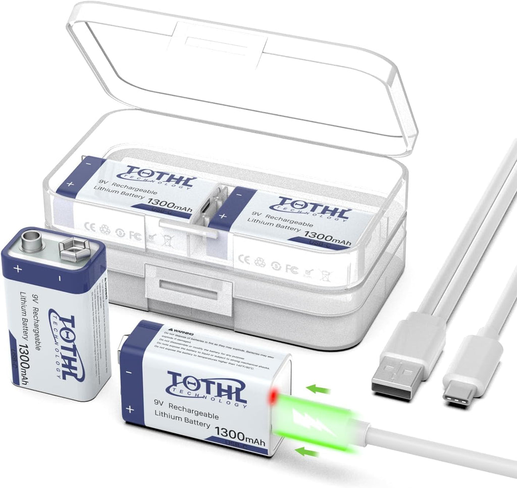 4-Packs 9V Rechargeable Batteries+Storage Box,1300mAh USB 9 Volt Lithium Batteries 2 in 1 Charging Cable Long Lasting