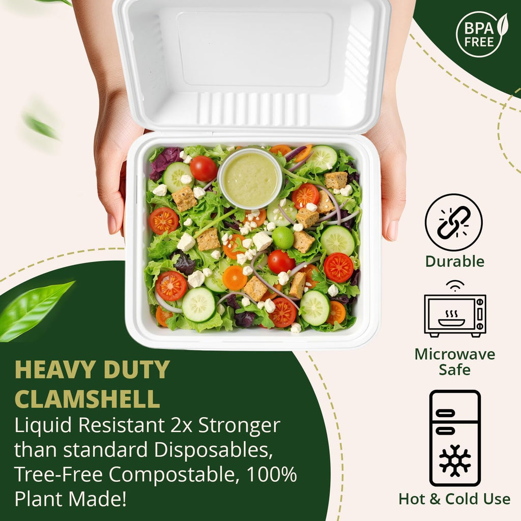 100% Compostable Clamshell Take Out Food Containers 8X8" 50-Pack Heavy-Duty Quality to go Containers, Natural