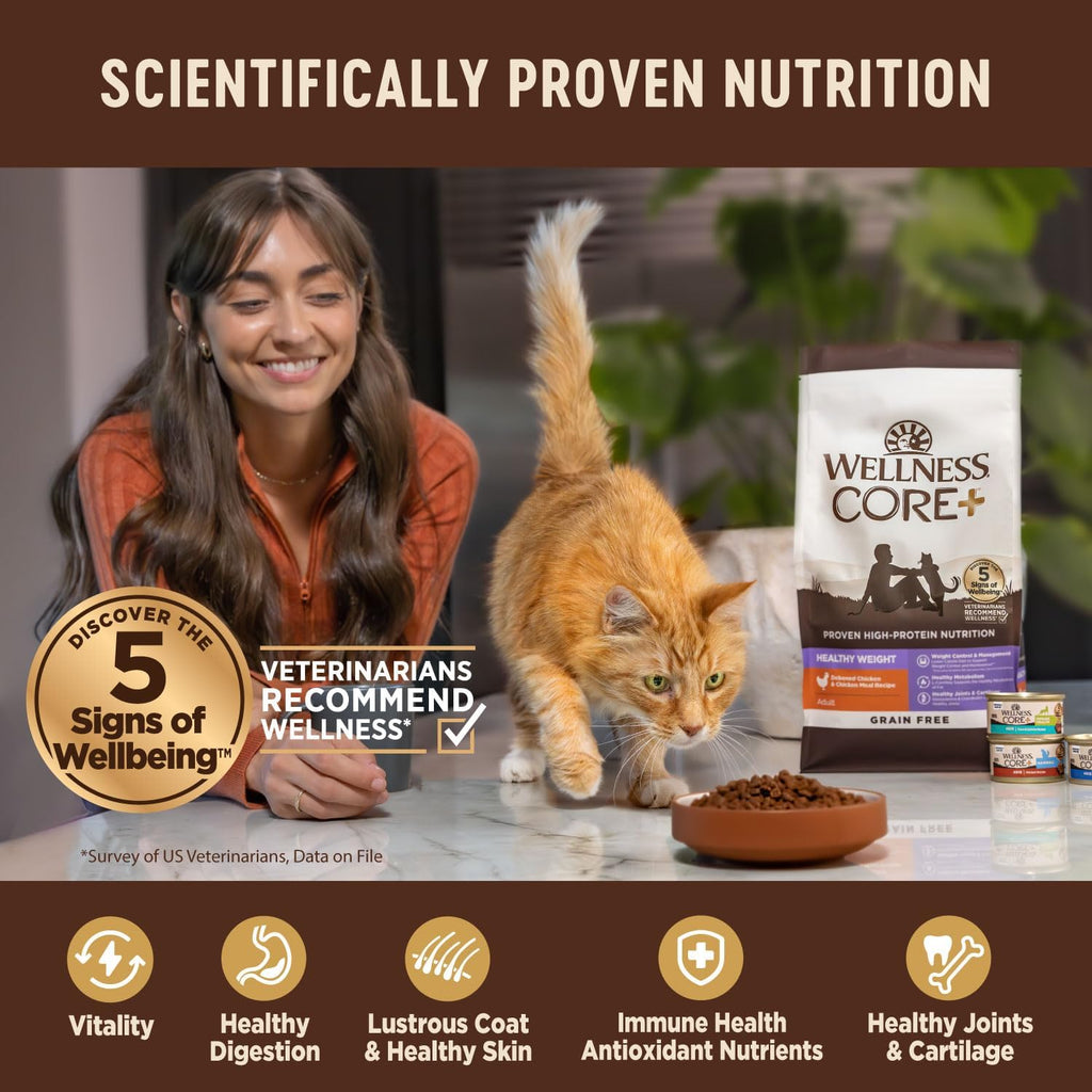 CORE+ Adult Dry Cat Food for Indoor Cats, Natural, Grain Free Kibble, Chicken, Turkey and Chicken Meal Recipe, 5 lb Bag