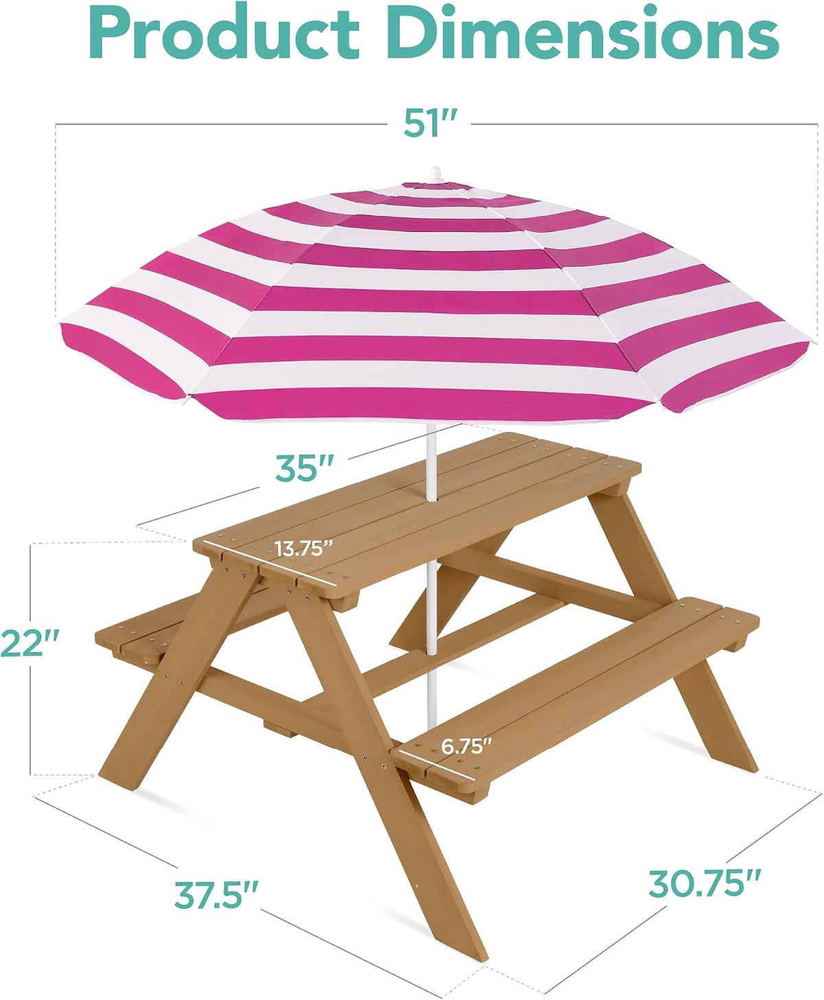 Wooden Kids Picnic Table with Umbrella, Outdoor Activity Table Set with Built-in Benches, 220 lb Capacity per Bench