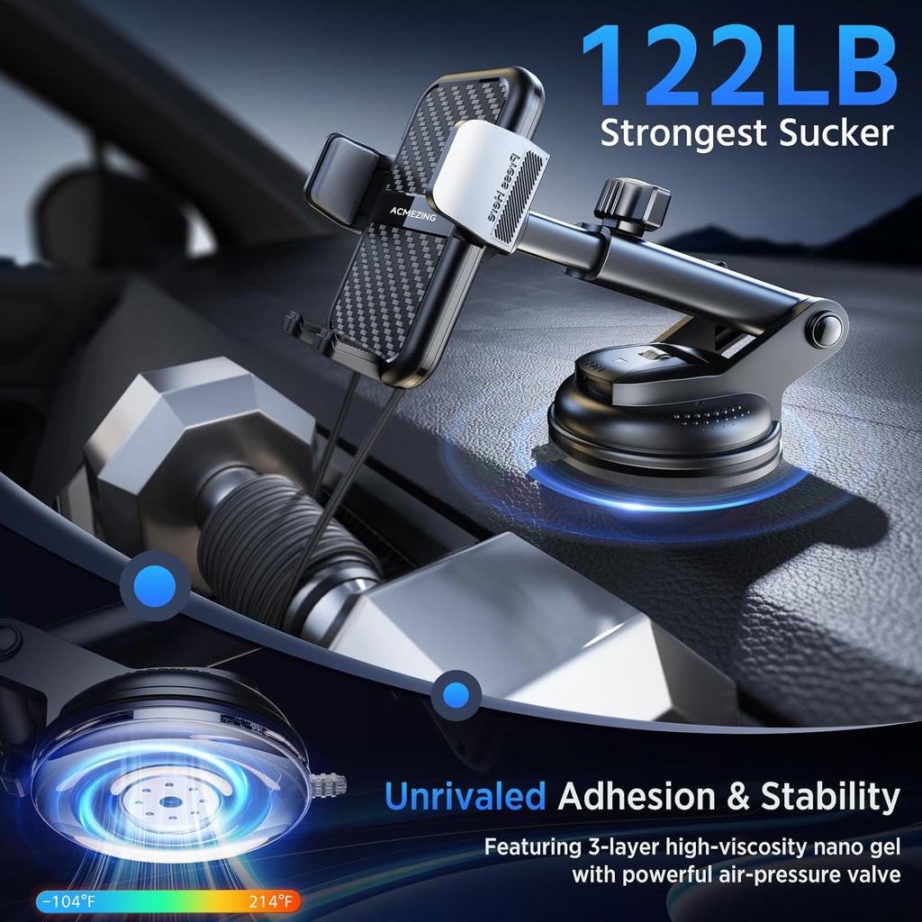 3-in-1 Car Phone Holder [122+LBS Strongest Suction & Stable Clamp Arm] 360° Adjustable Car Phone Mount, Cell Phone