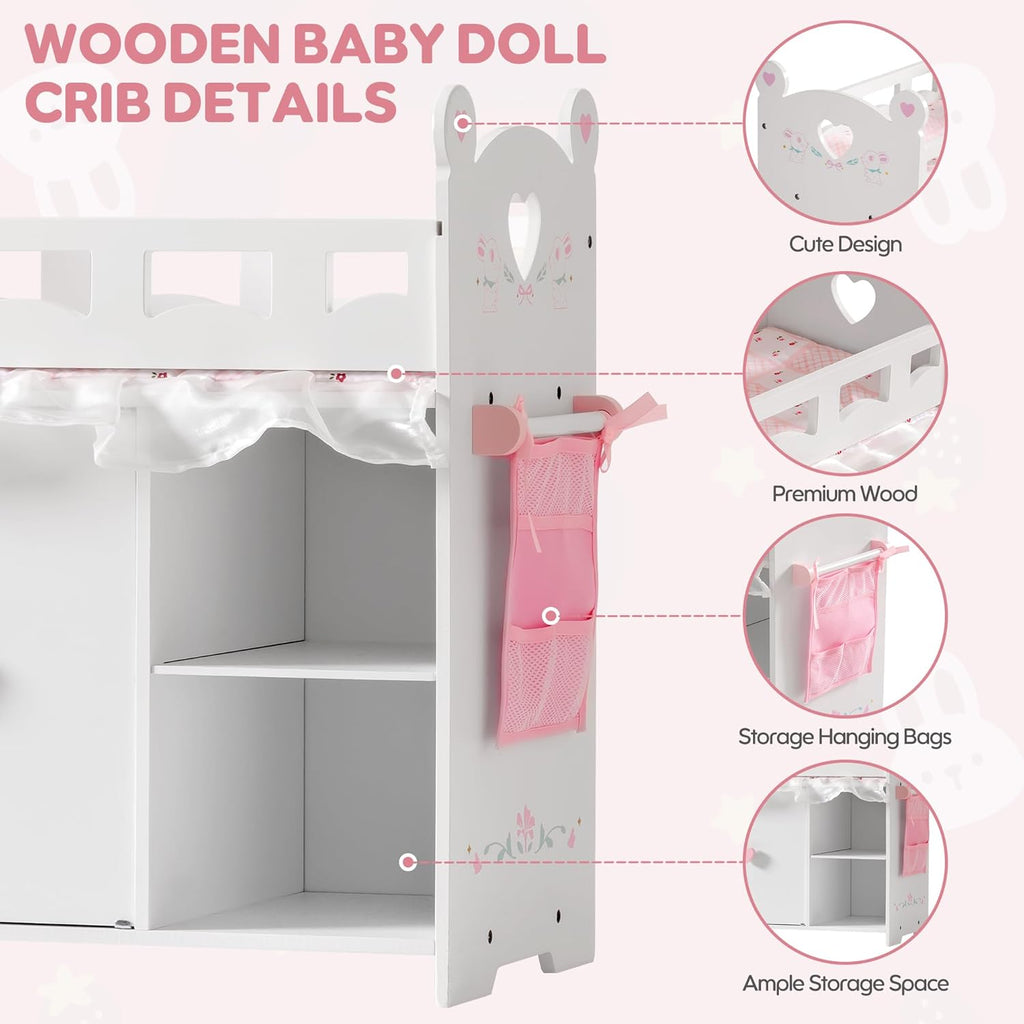 Baby Doll Crib – Wooden Baby Doll Changing Table with Storage – Bedding & Hooks, Fits 18-21" Dolls, Doll Bed Playset