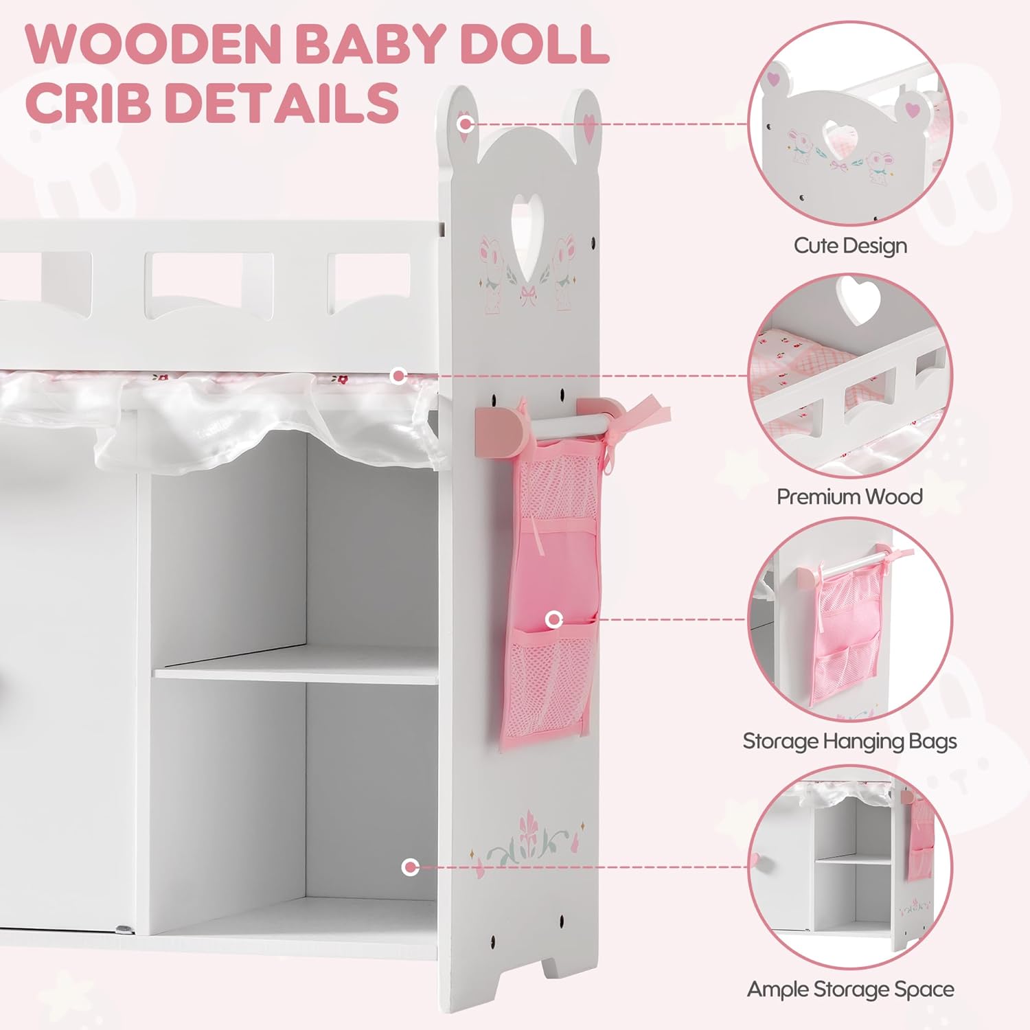 Baby Doll Crib – Wooden Baby Doll Changing Table with Storage – Bedding & Hooks, Fits 18-21" Dolls, Doll Bed Playset