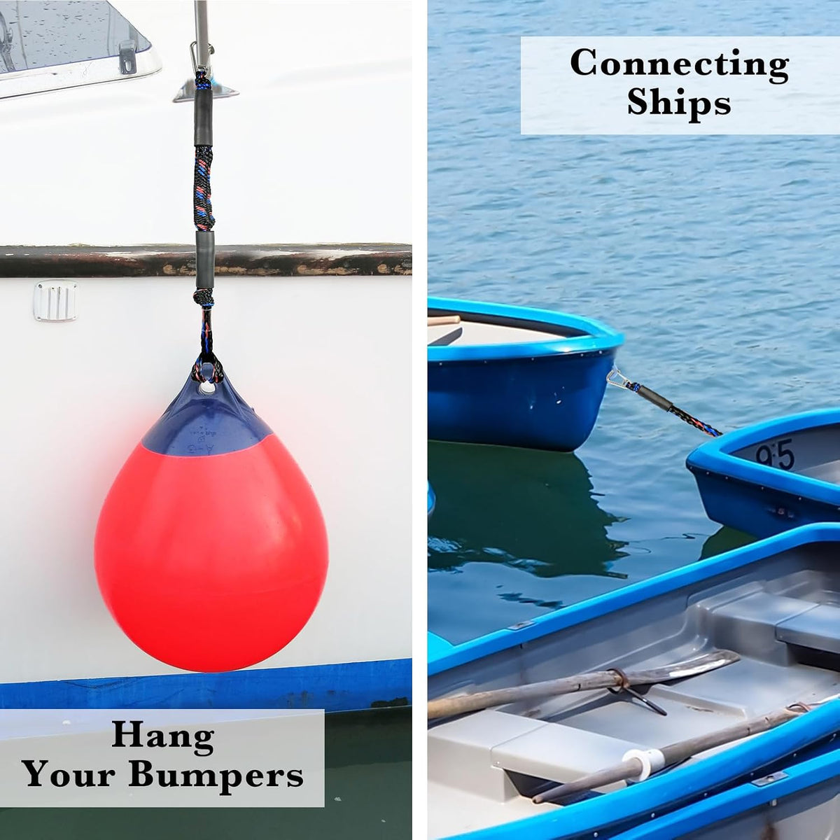 Fender Lines Anchor Bungee 316 Stainless Clip Boat Dock Lines 2PCS (Black Blue Red, 2 Feet)