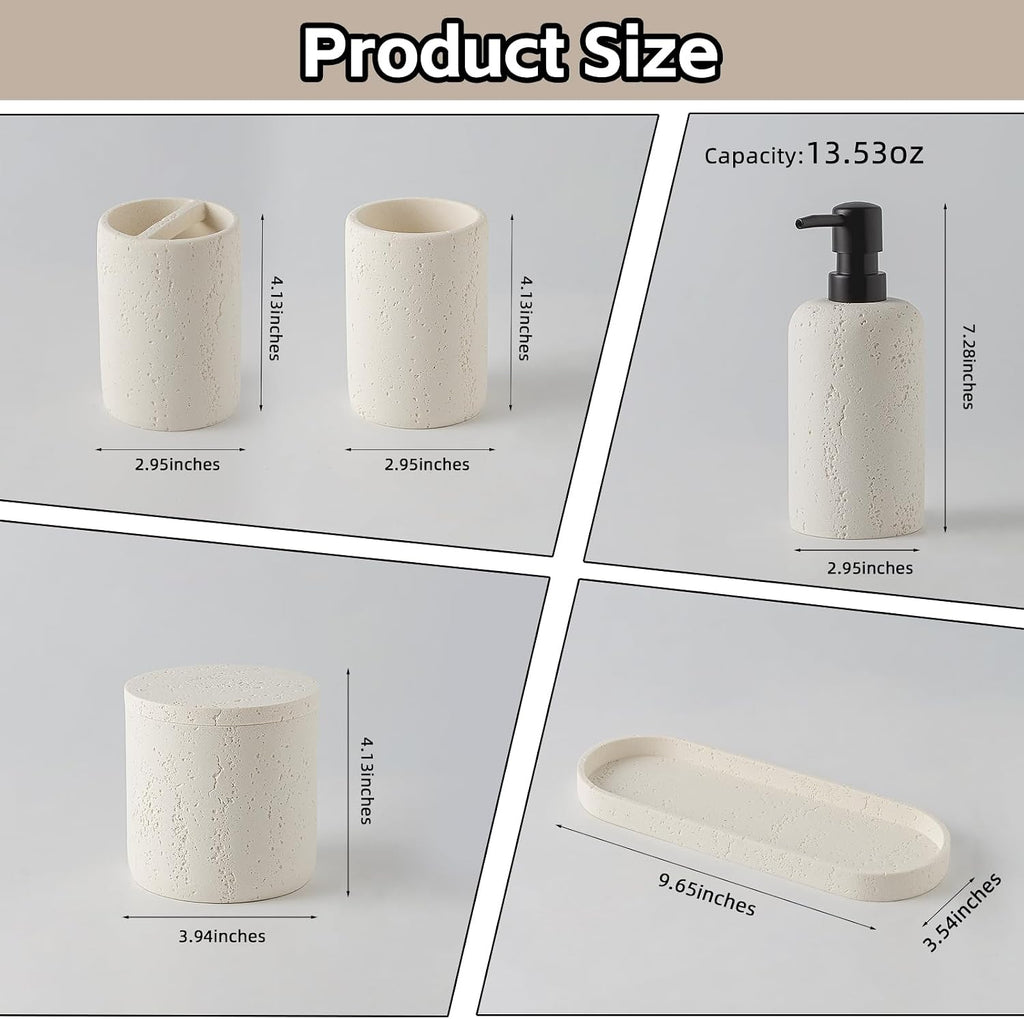 Bathroom Accessories Set,4 PCS Travertine Stone Look Collection,Cream | Modern Bath Organizer with 13.53OZ Soap