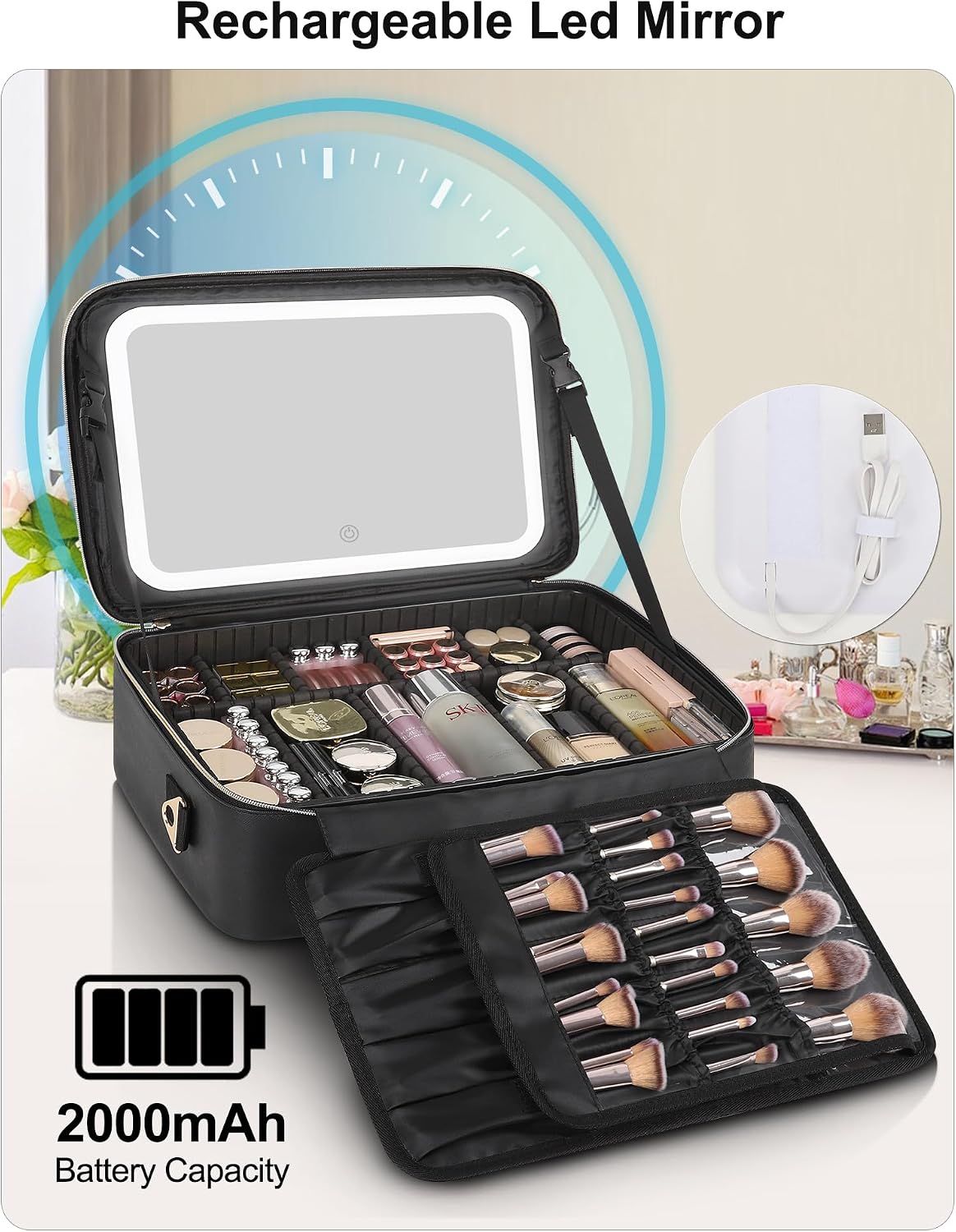 Large Makeup Case With LED Mirror, 16.2" Cosmetic Vanity Case with 3 Lignting Modes and Adjustable Brigntness