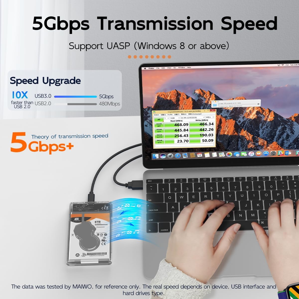 External Hard Drive Enclosure for 7mm 9.5mm 2.5 inch SATA SSD/HDD, 5Gbps USB C to SATA Adapter Storage Case, 6TB