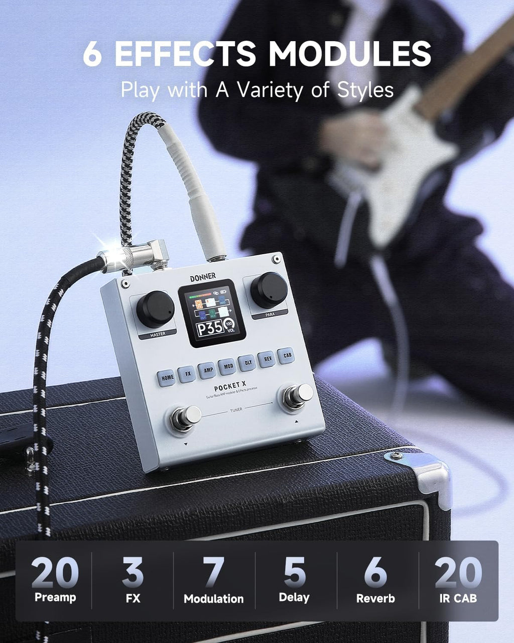 Pocket-X Multi Effects Guitar Pedal Guitar/Bass AMP Modeler Multi Effects Processor Portable Rechargeable Guitar