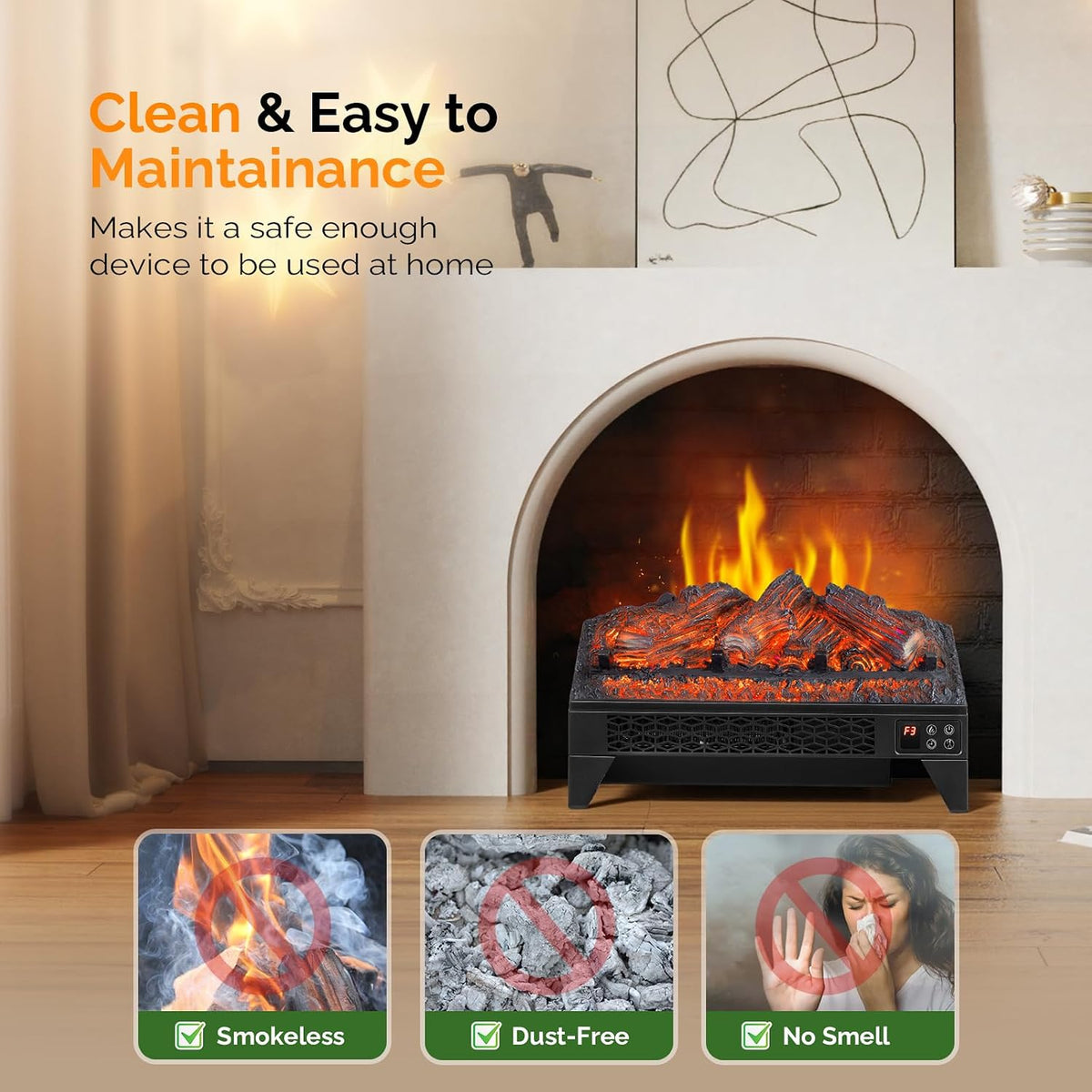 23 Inch Electric Fireplace Insert Log with Remote & Timer, 1400W Recessed Stove Heater with Overheat Protection, 6