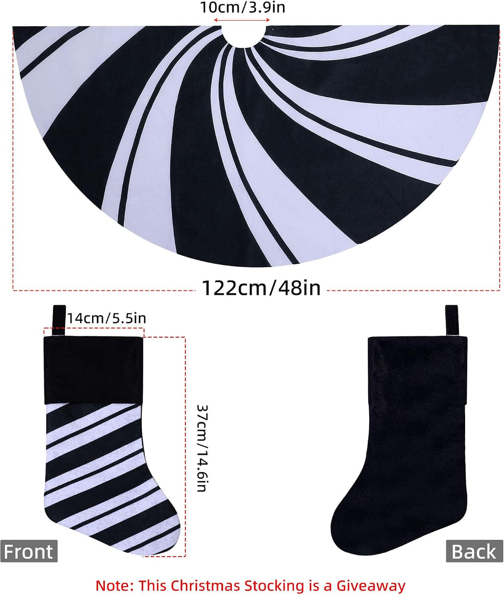 48 Inch Christmas Tree Skirt, White Nonwoven Sublimation Printed Black and White Candy Stripe Christmas Tree Skirt
