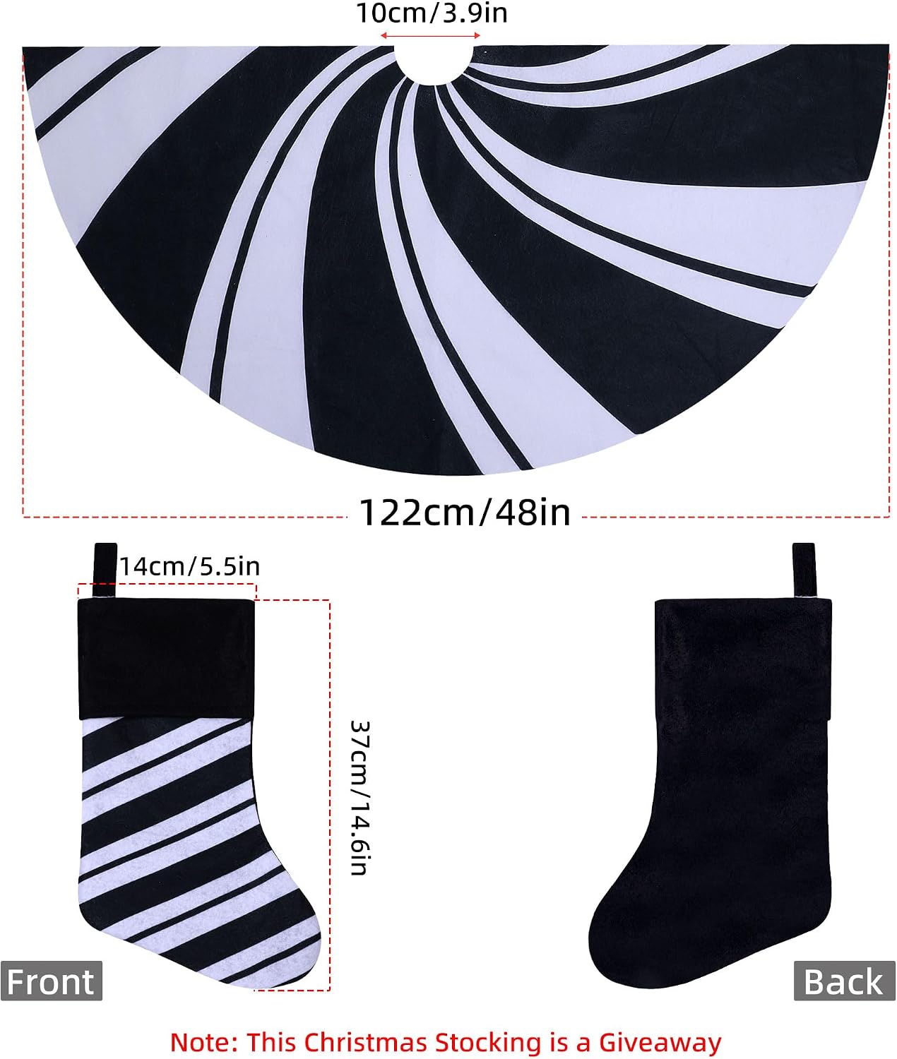 48 Inch Christmas Tree Skirt, White Nonwoven Sublimation Printed Black and White Candy Stripe Christmas Tree Skirt